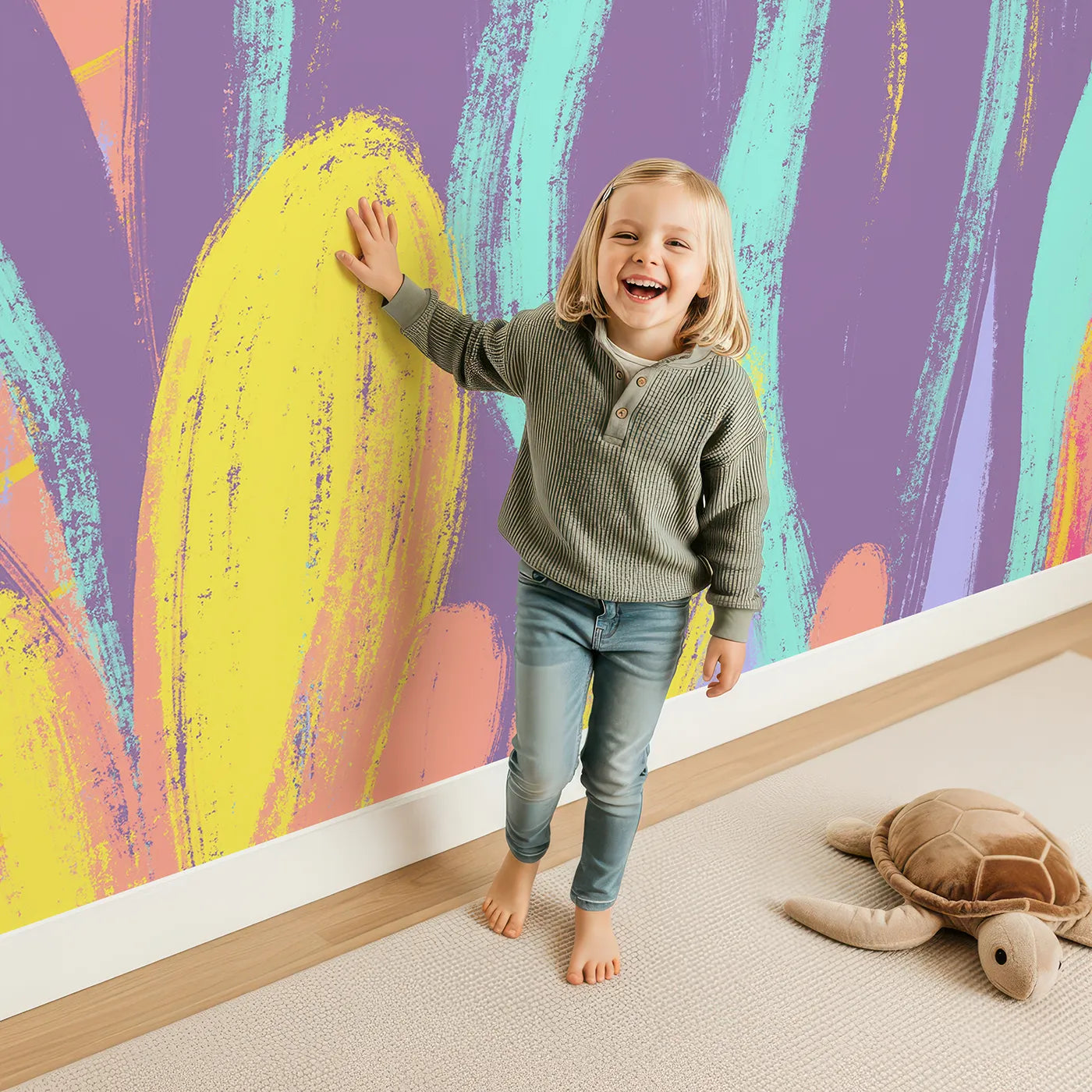 Child in front of Whimsy Tots Psychedelic Moth Garden Wall Mural with moth, butterfly, neon, psychedelic, jungle, vibrant, colorful, tropical in design.