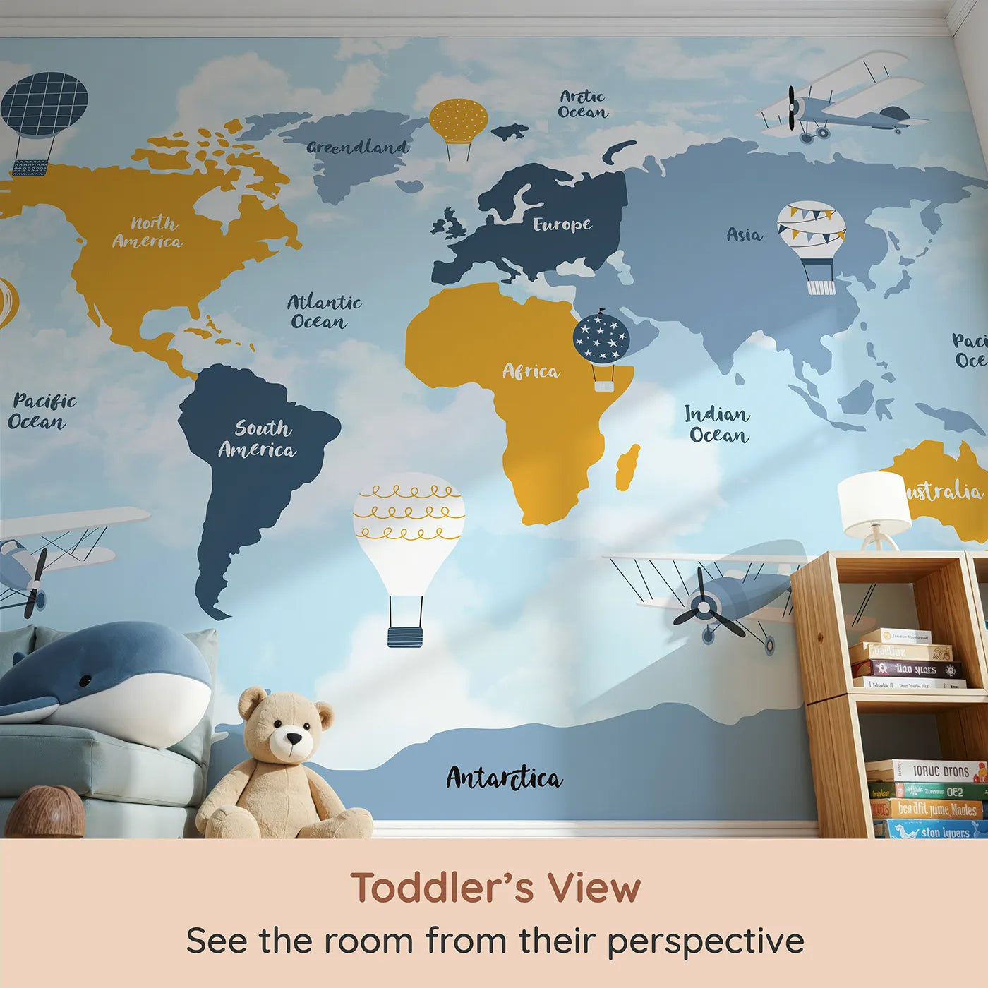 Whimsy Tots Vintage Air Travel World Map Wall Mural (Turn Their Room into a Classic Explorer's Chart Room) from your child's view.Gender-Neutral