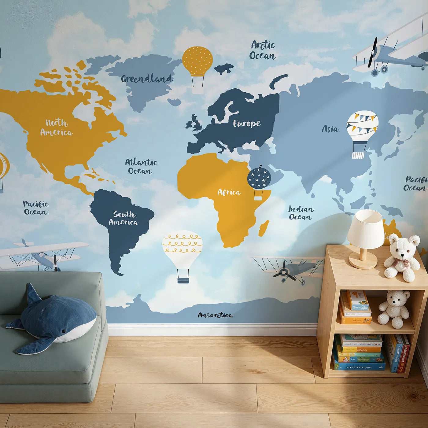 Top-down view of Whimsy Tots' Vintage Air Travel World Map Wall Mural (Turn Their Room into a Classic Explorer's Chart Room).Gender-Neutral