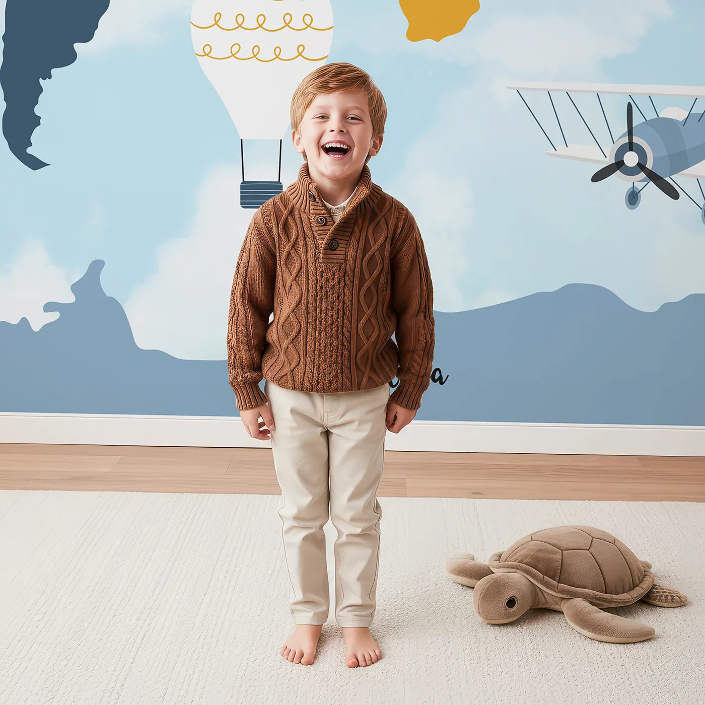 Child in front of Whimsy Tots Vintage Air Travel World Map Wall Mural with map, world, travel, airplane, balloon, vintage, modern, orange in design.