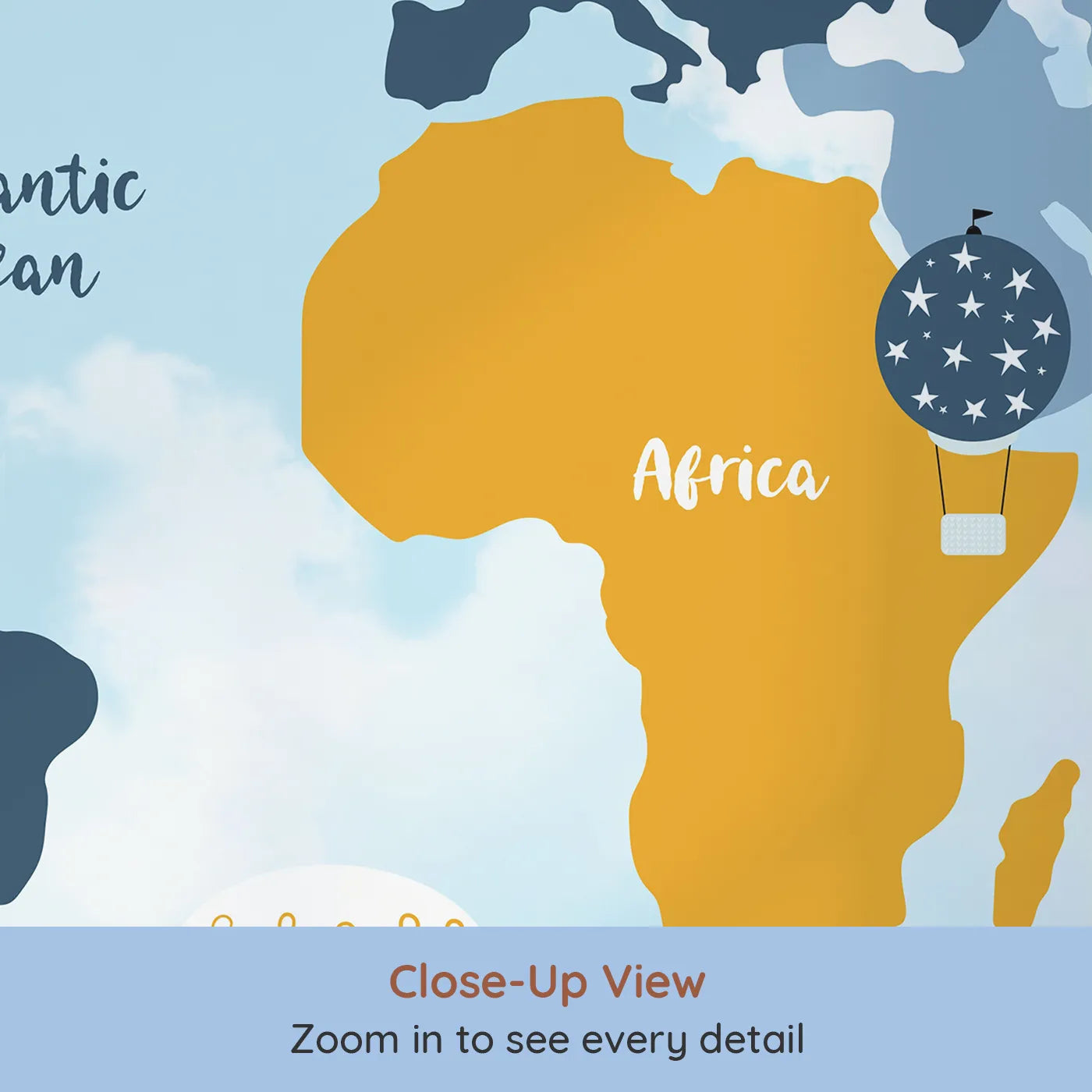 Close-up view of Whimsy Tots' Vintage Air Travel World Map Wall Mural (Turn Their Room into a Classic Explorer's Chart Room).Gender-Neutral