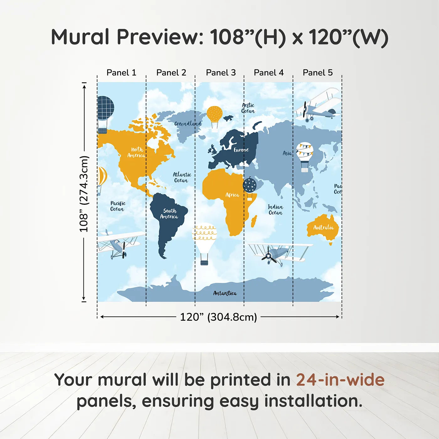 Whimsy Tots Vintage Air Travel World Map Wall Muraldimension view (108" H x 120" W). Printed in five 24-inch-wide panels. Gender-Neutral
