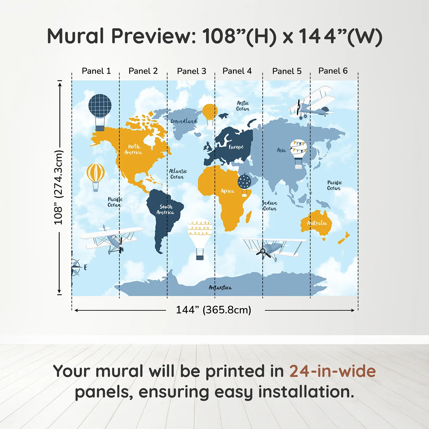 Whimsy Tots Vintage Air Travel World Map Wall Muraldimension view (108" H x 144" W). Printed in six 24-inch-wide panels. Gender-Neutral