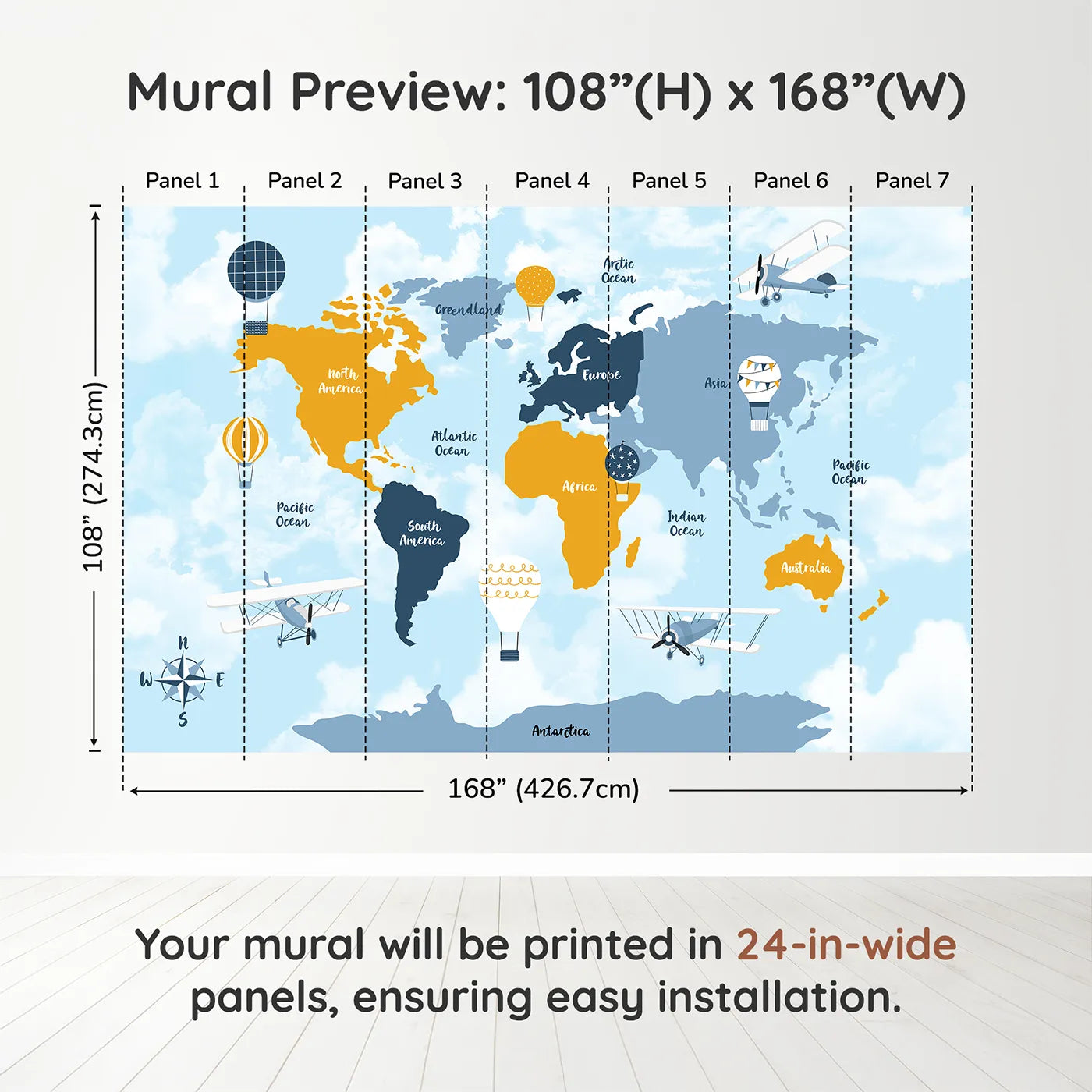 Whimsy Tots Vintage Air Travel World Map Wall Muraldimension view (108" H x 168" W). Printed in seven 24-inch-wide panels. Gender-Neutral