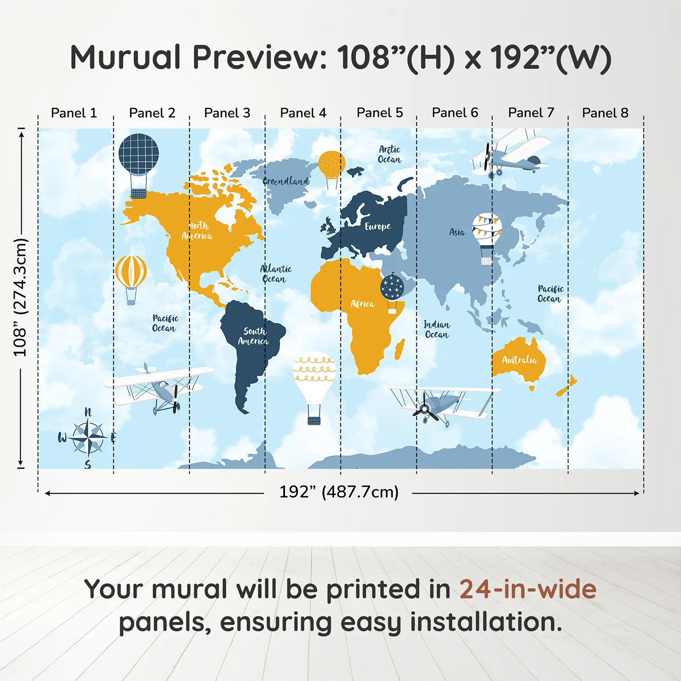 Whimsy Tots Vintage Air Travel World Map Wall Muraldimension view (108" H x 192" W). Printed in eight 24-inch-wide panels. Gender-Neutral