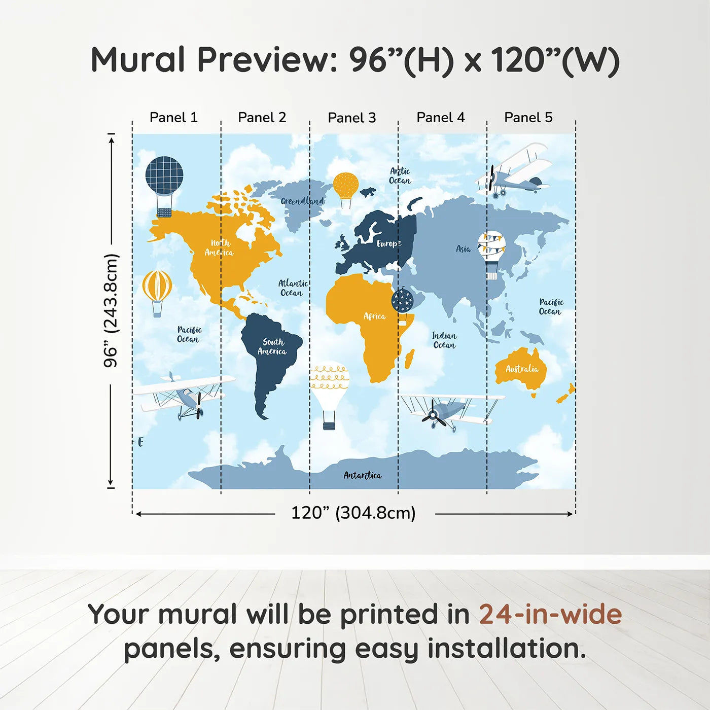 Whimsy Tots Vintage Air Travel World Map Wall Muraldimension view (96" H x 120" W). Printed in five 24-inch-wide panels. Gender-Neutral