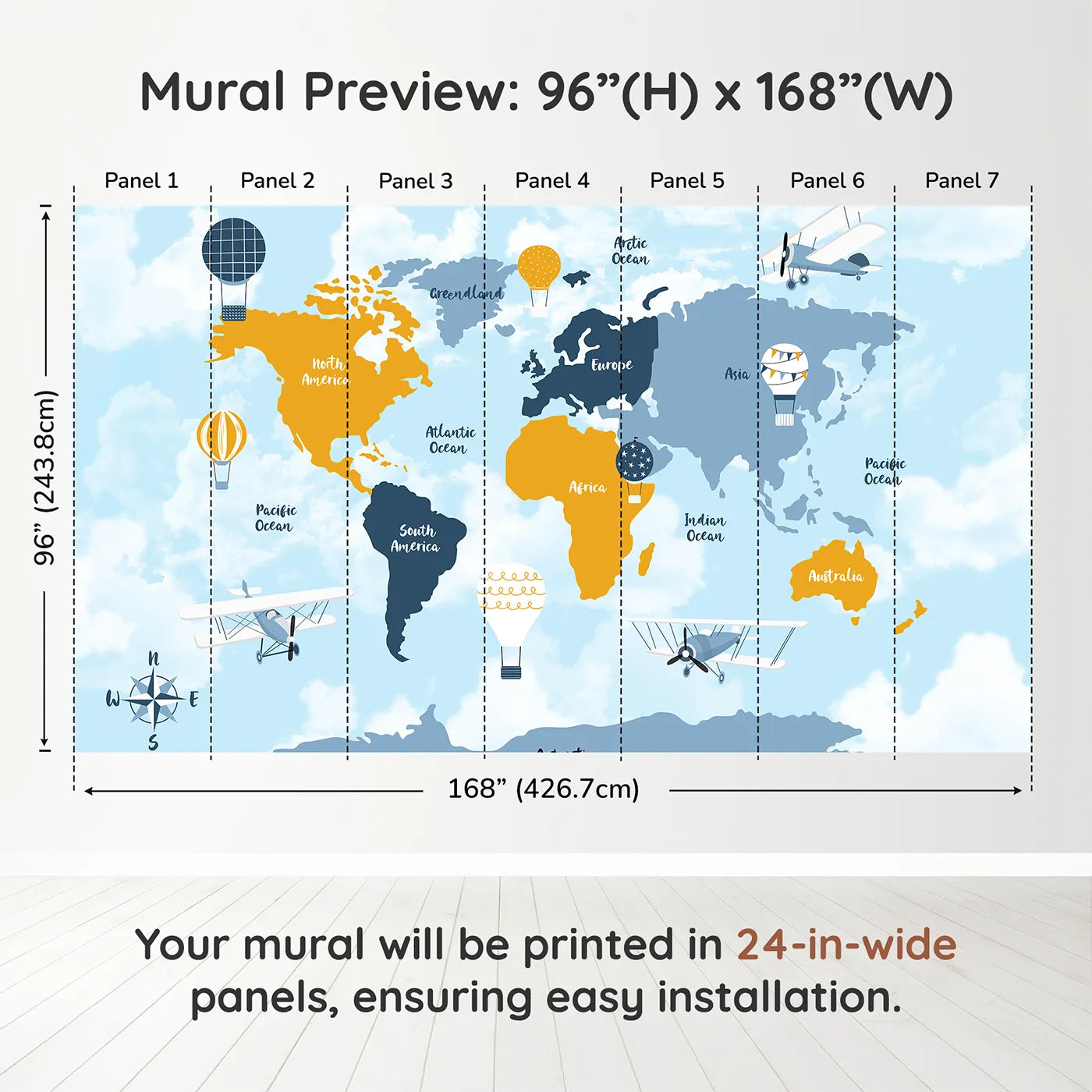 Whimsy Tots Vintage Air Travel World Map Wall Muraldimension view (96" H x 168" W). Printed in seven 24-inch-wide panels. Gender-Neutral
