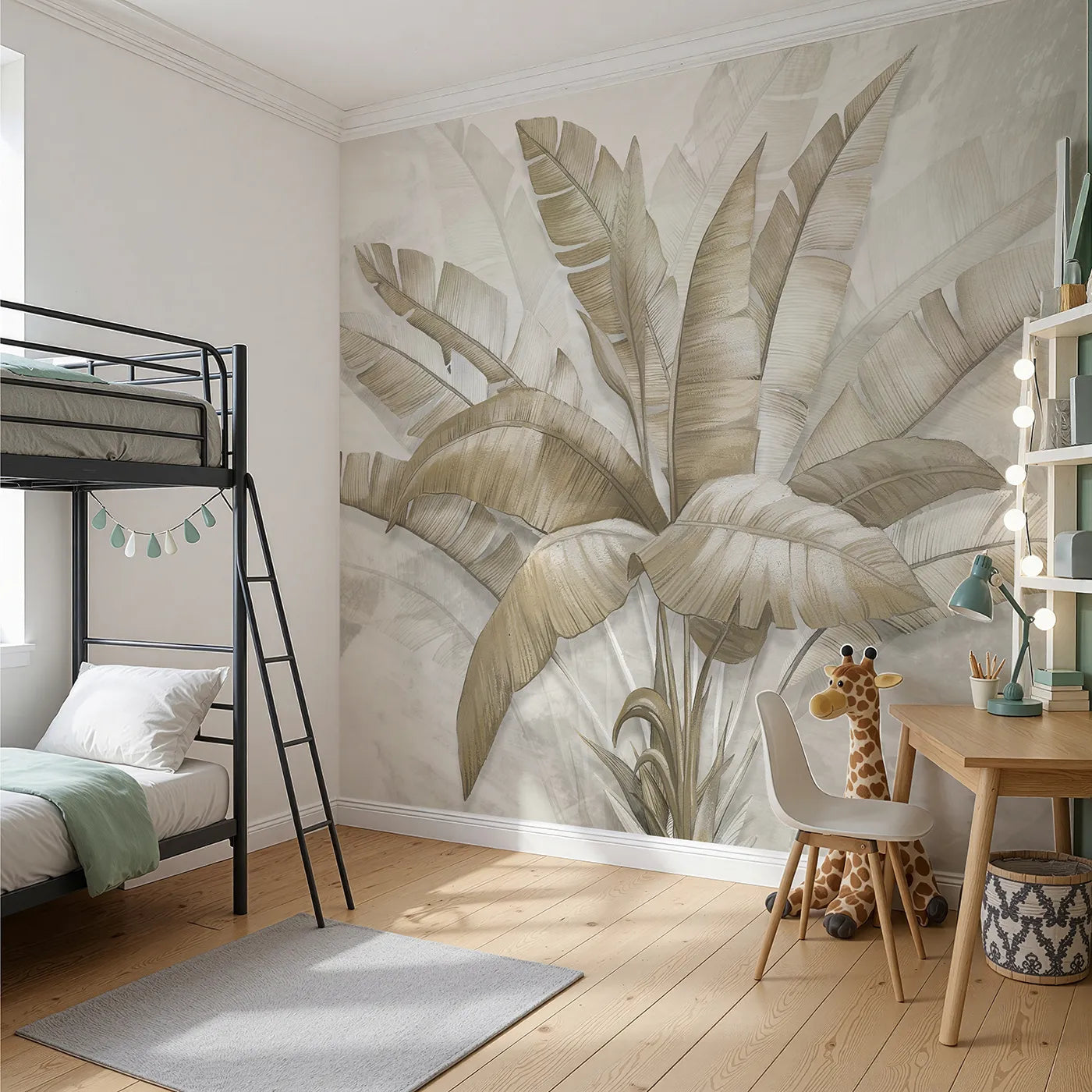 Angled view of Whimsy Tots' Golden Banana Leaves Wall Mural (Turn Their Room into a Sophisticated Tropical Sanctuary).Gender-Neutral