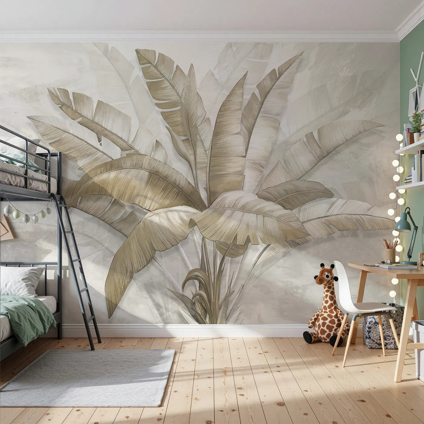 Front view of Whimsy Tots' Golden Banana Leaves Wall Mural