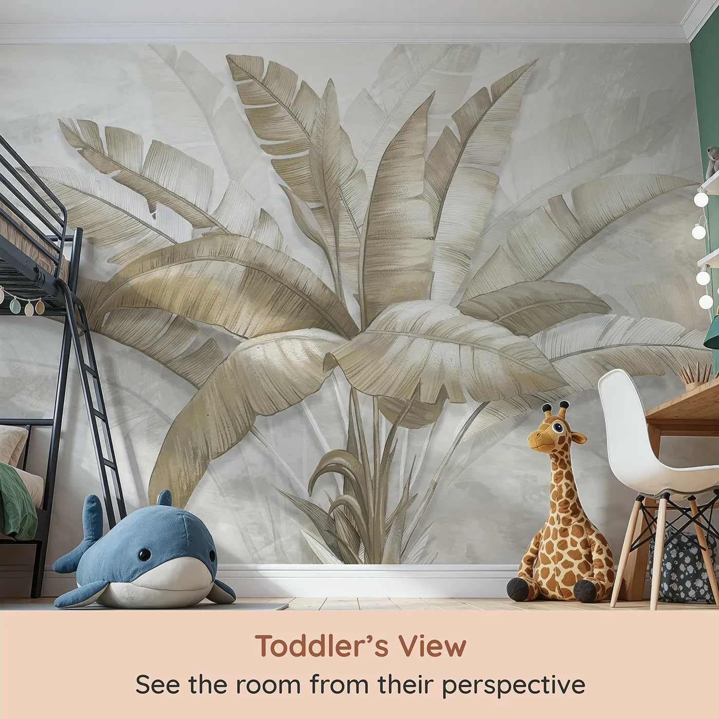 Whimsy Tots Golden Banana Leaves Wall Mural (Turn Their Room into a Sophisticated Tropical Sanctuary) from your child's view.Gender-Neutral