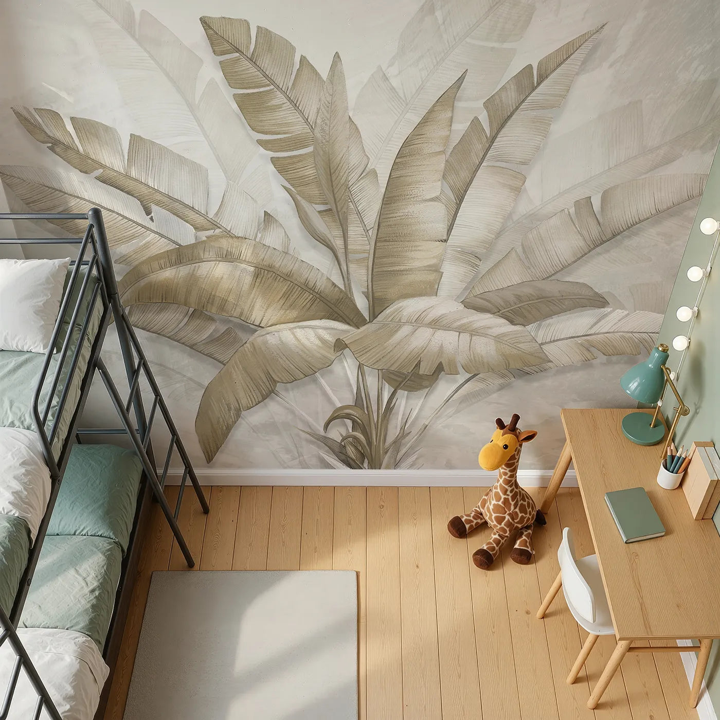 Top-down view of Whimsy Tots' Golden Banana Leaves Wall Mural (Turn Their Room into a Sophisticated Tropical Sanctuary).Gender-Neutral