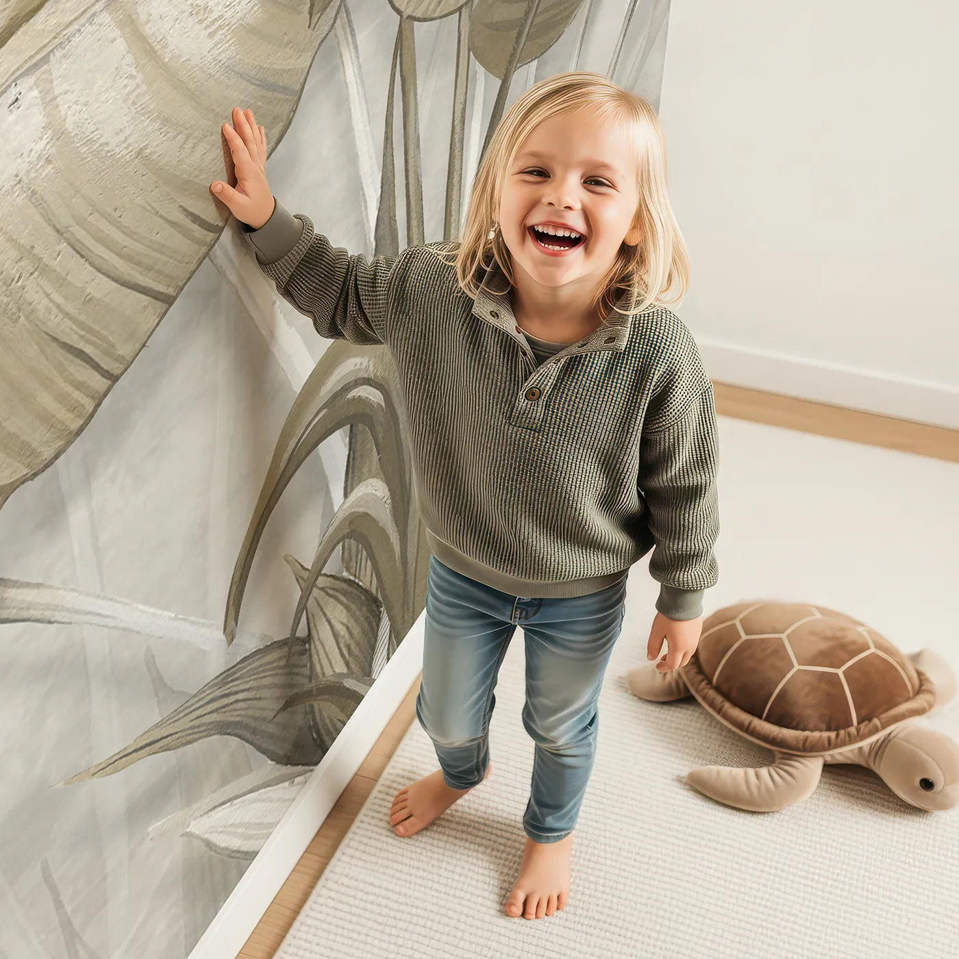 Child in front of Whimsy Tots Golden Banana Leaves Wall Mural with tropical, leaf, banana, gold, brown, beige, modern, elegant in design.