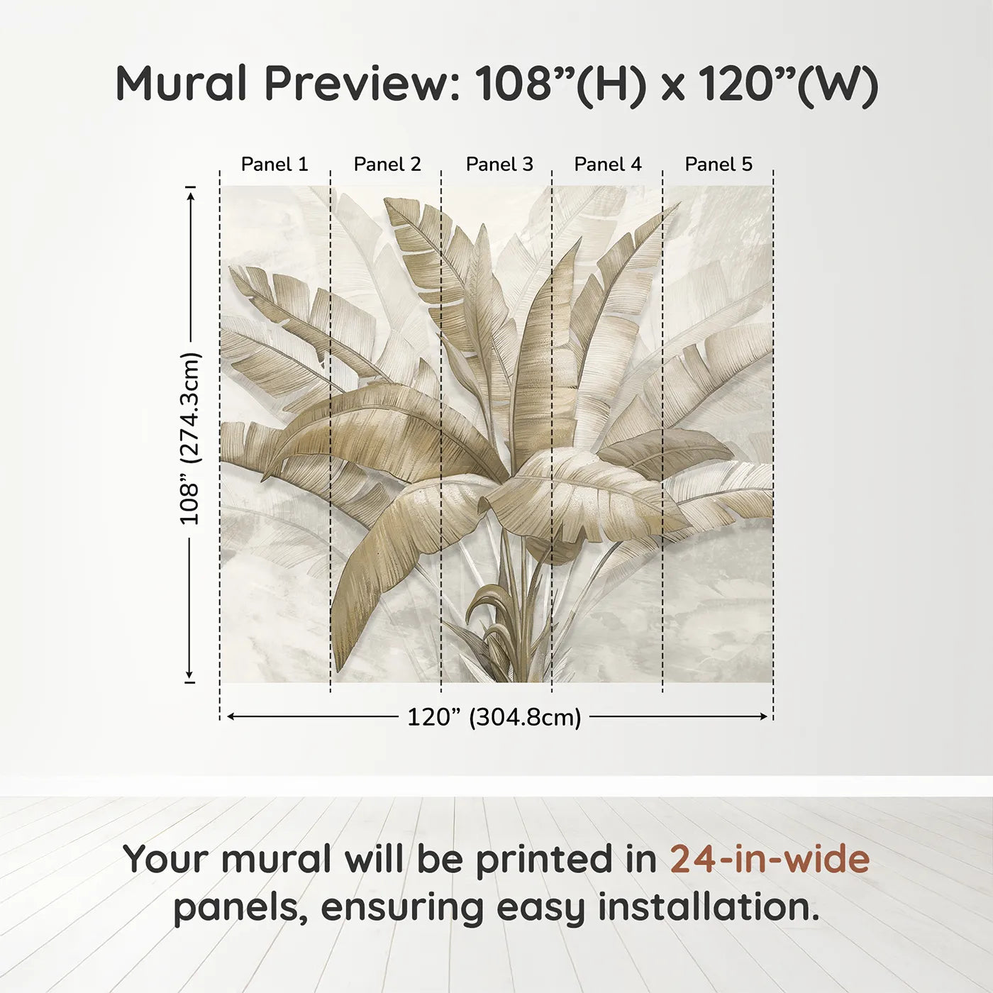 Whimsy Tots Golden Banana Leaves Wall Muraldimension view (108" H x 120" W). Printed in five 24-inch-wide panels. Gender-Neutral