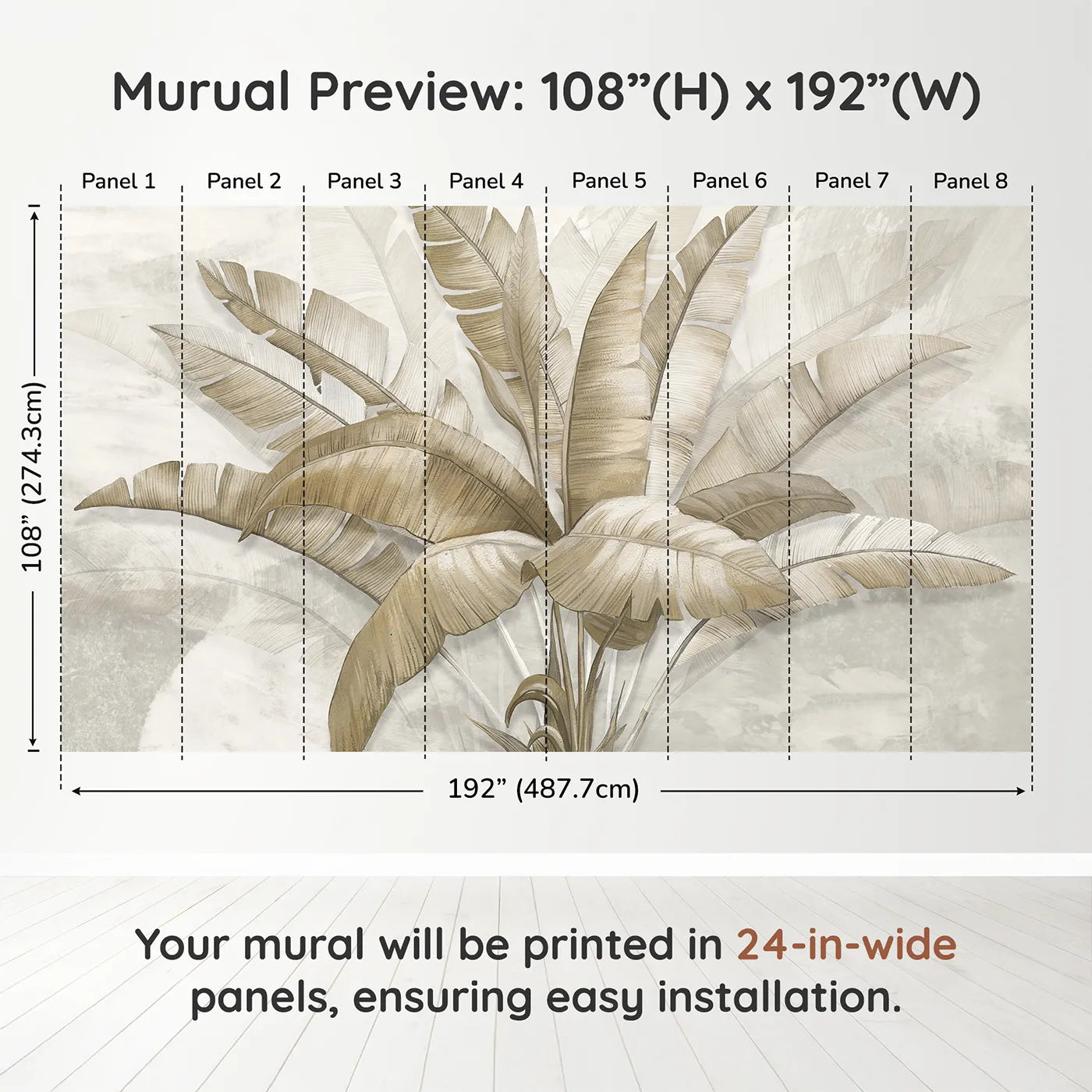 Whimsy Tots Golden Banana Leaves Wall Muraldimension view (108" H x 192" W). Printed in eight 24-inch-wide panels. Gender-Neutral