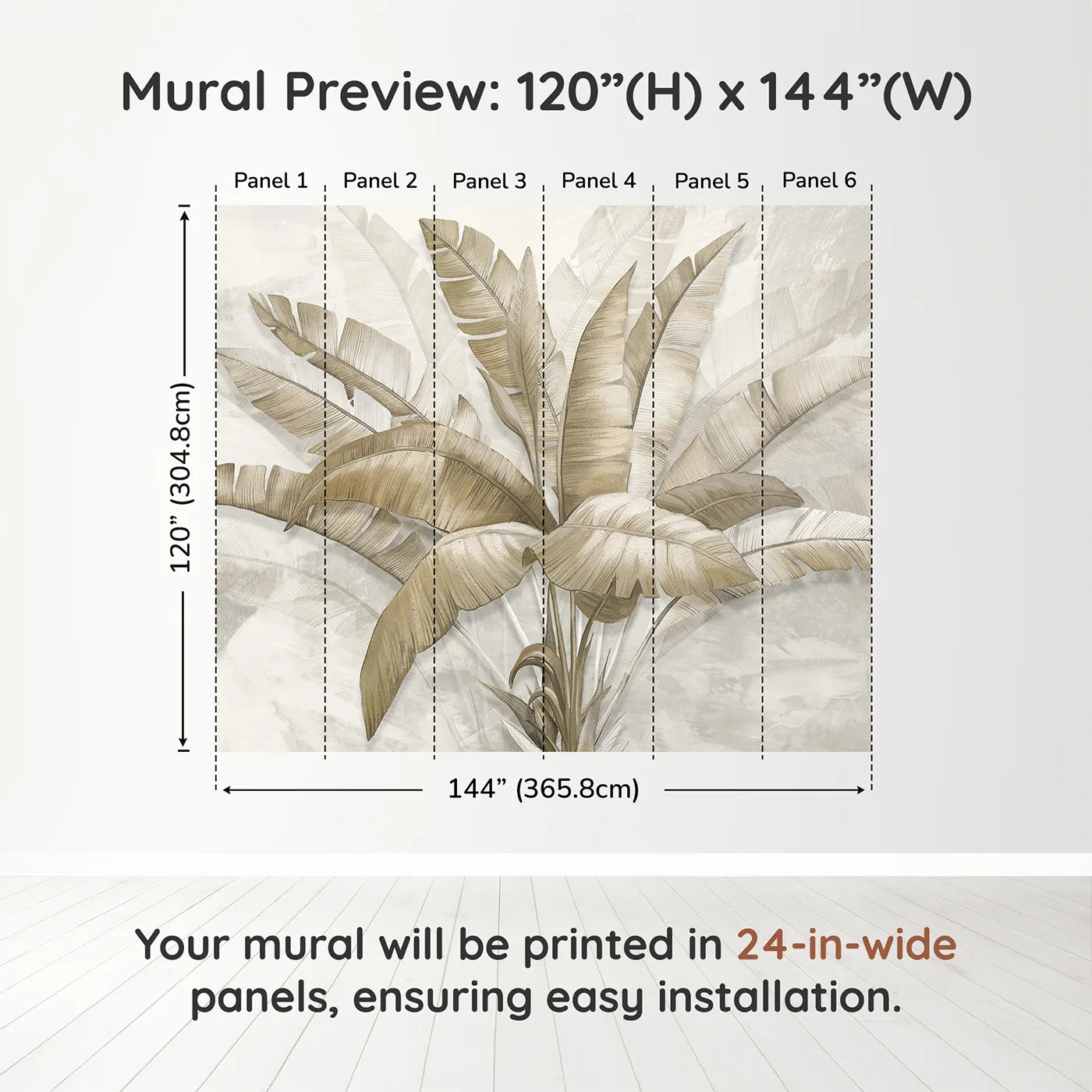 Whimsy Tots Golden Banana Leaves Wall Muraldimension view (120" H x 144" W). Printed in six 24-inch-wide panels. Gender-Neutral