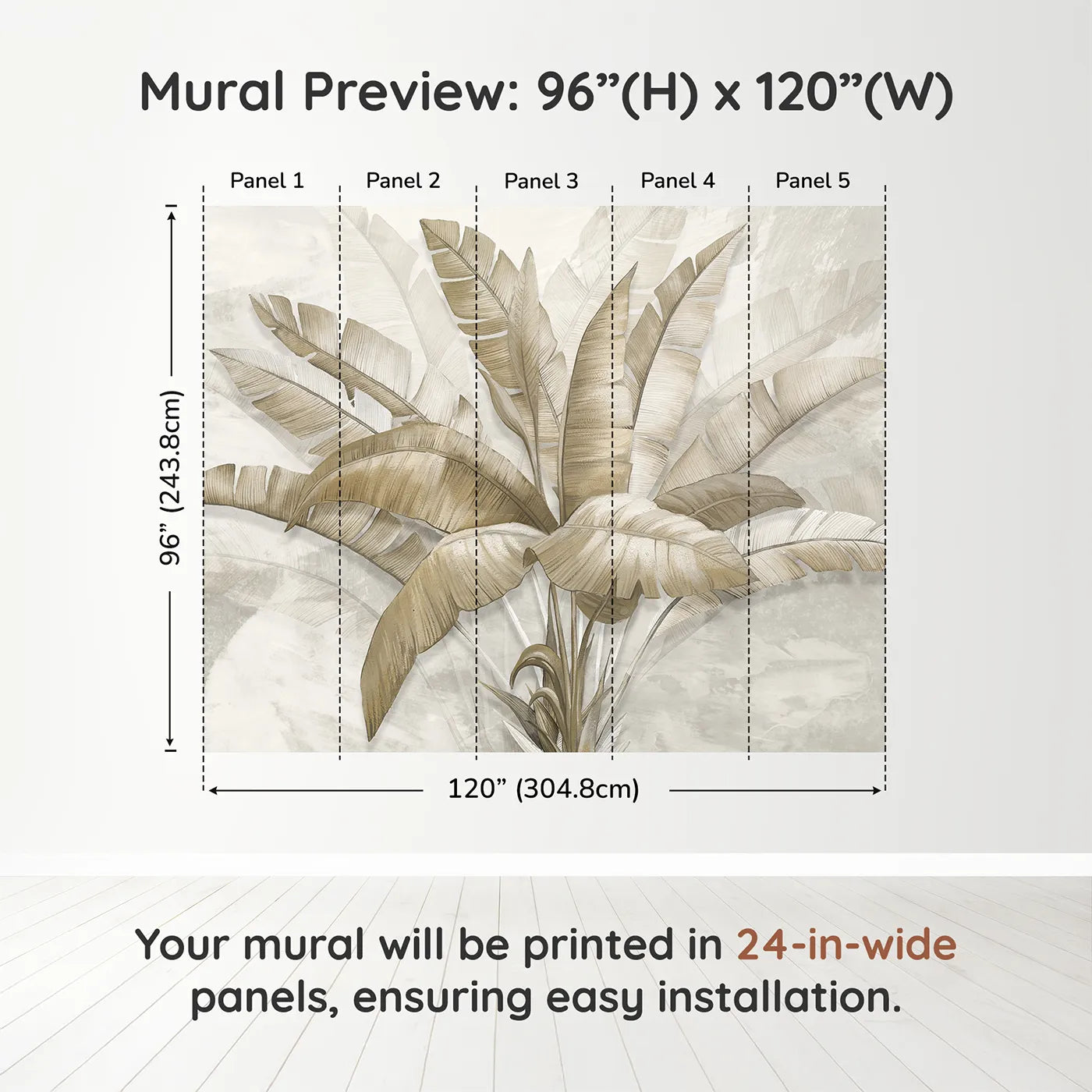 Whimsy Tots Golden Banana Leaves Wall Muraldimension view (96" H x 120" W). Printed in five 24-inch-wide panels. Gender-Neutral