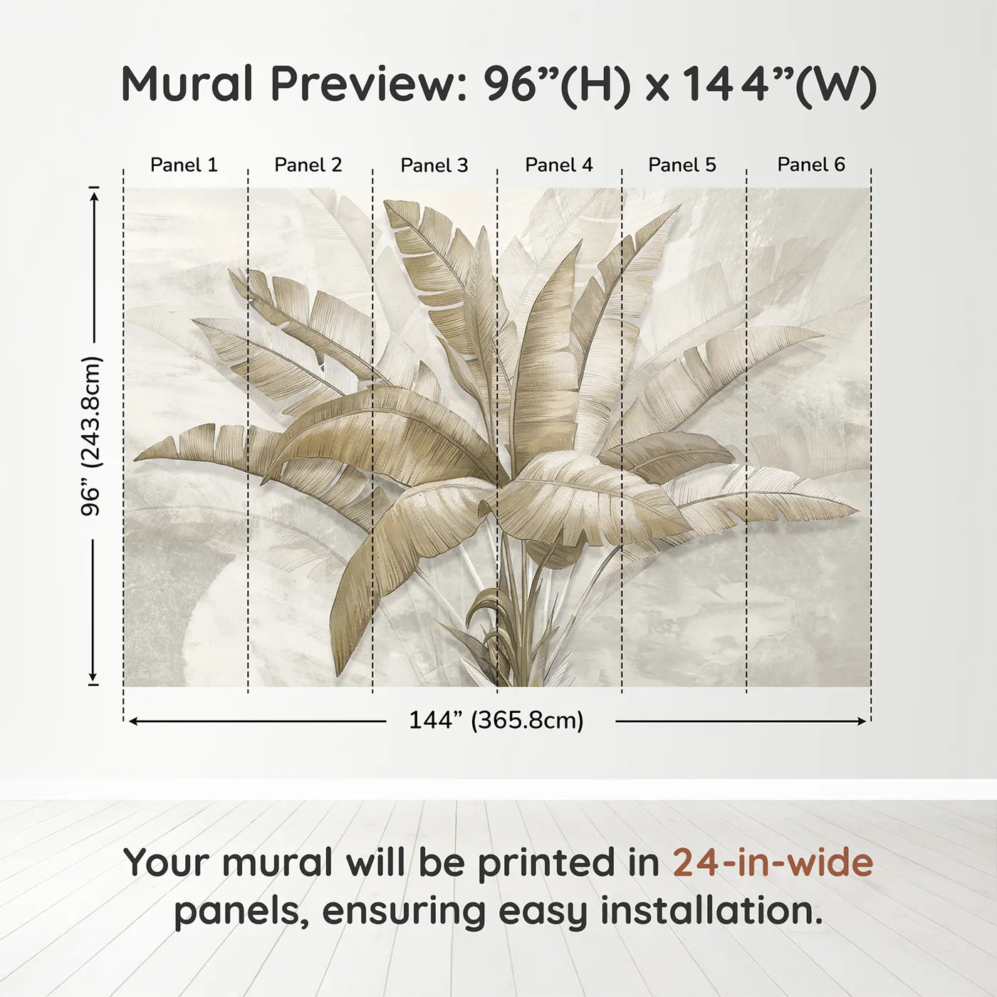 Whimsy Tots Golden Banana Leaves Wall Muraldimension view (96" H x 144" W). Printed in six 24-inch-wide panels. Gender-Neutral