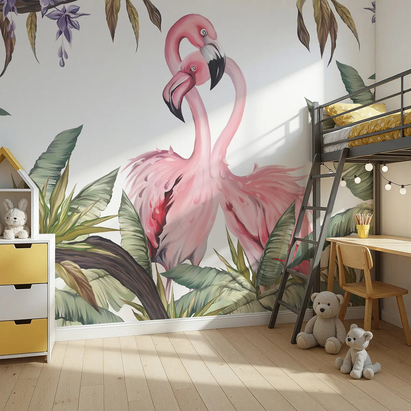 Angled view of Whimsy Tots' Flamingo Love Nest Wall Mural (Turn Their Room into a Romantic Jungle Hideaway).Best for Girls
