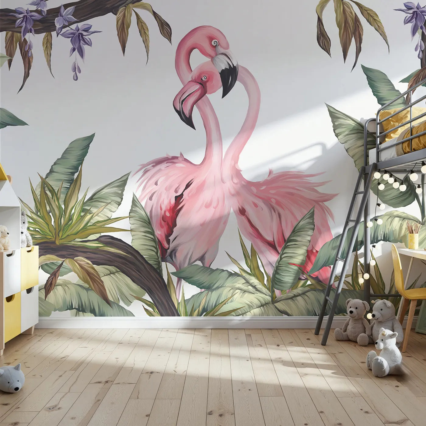 Front view of Whimsy Tots' Flamingo Love Nest Wall Mural