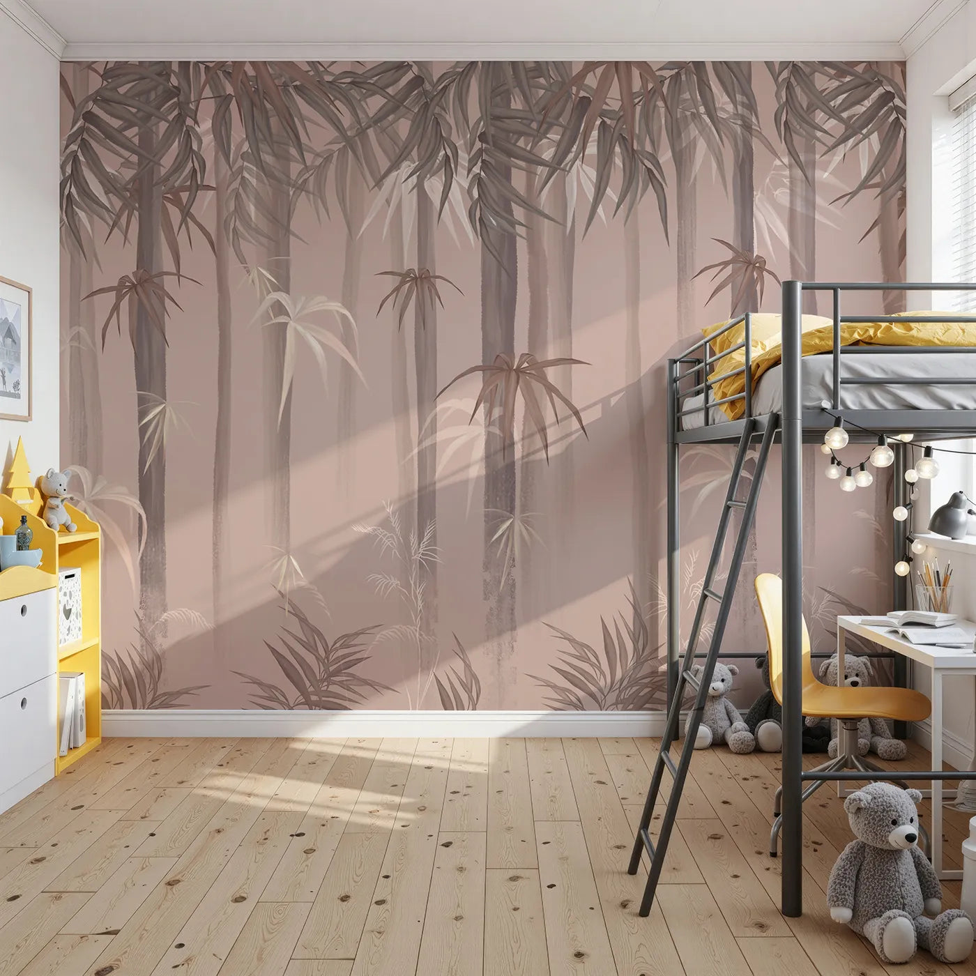 Front view of Whimsy Tots' Misty Bamboo Forest Wall Mural