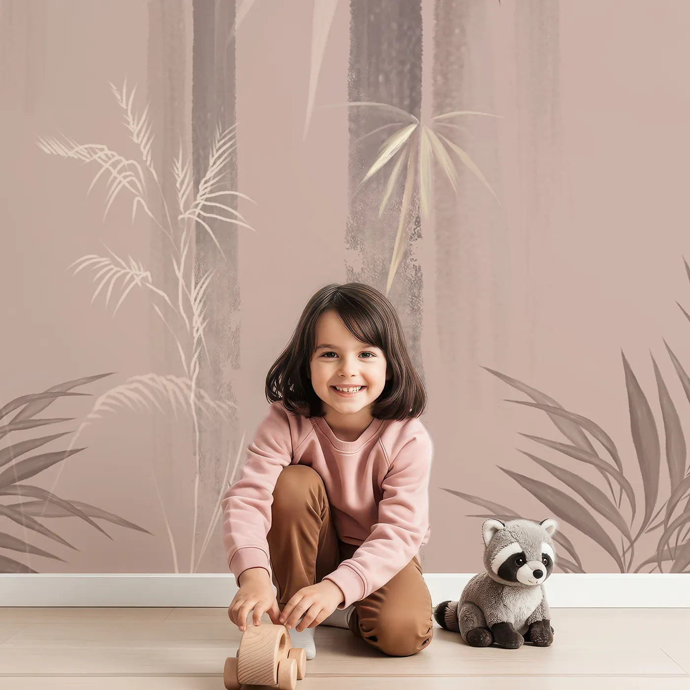 Child in front of Whimsy Tots Misty Bamboo Forest Wall Mural with bamboo, forest, mist, brown, pink, beige, zen, japanese in design.