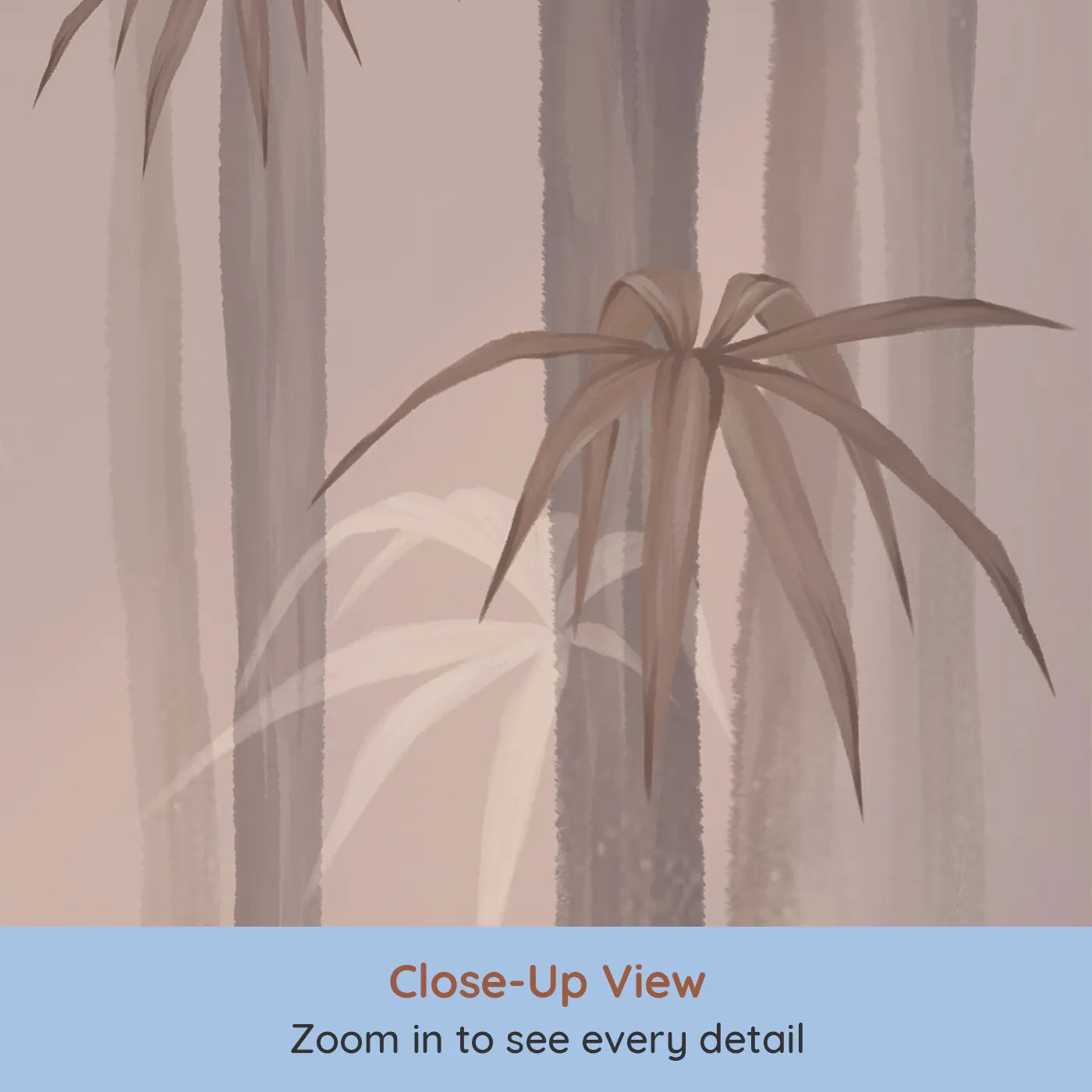Close-up view of Whimsy Tots' Misty Bamboo Forest Wall Mural (Turn Their Room into a Peaceful, Zen-Like Grove).Gender-Neutral