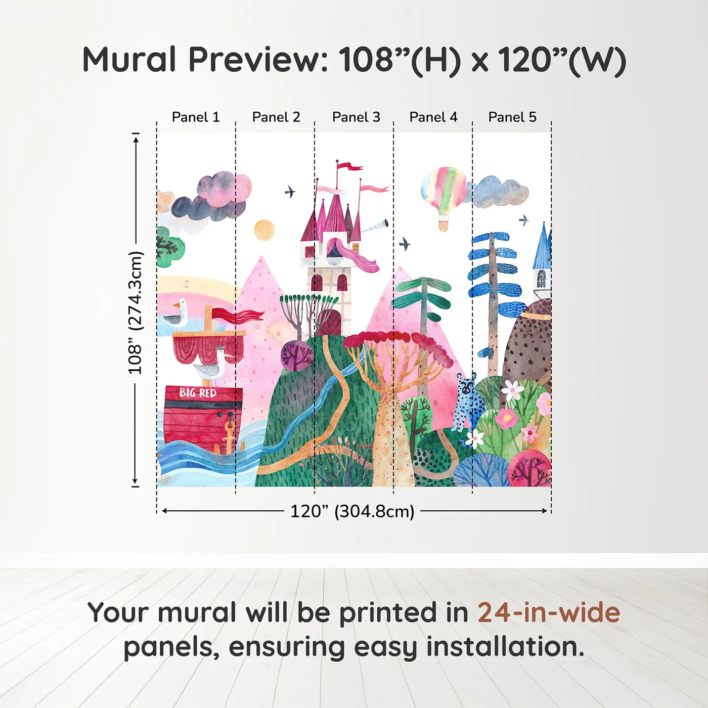 Whimsy Tots Big Red Ship Adventure Wall Muraldimension view (108" H x 120" W). Printed in five 24-inch-wide panels. Gender-Neutral