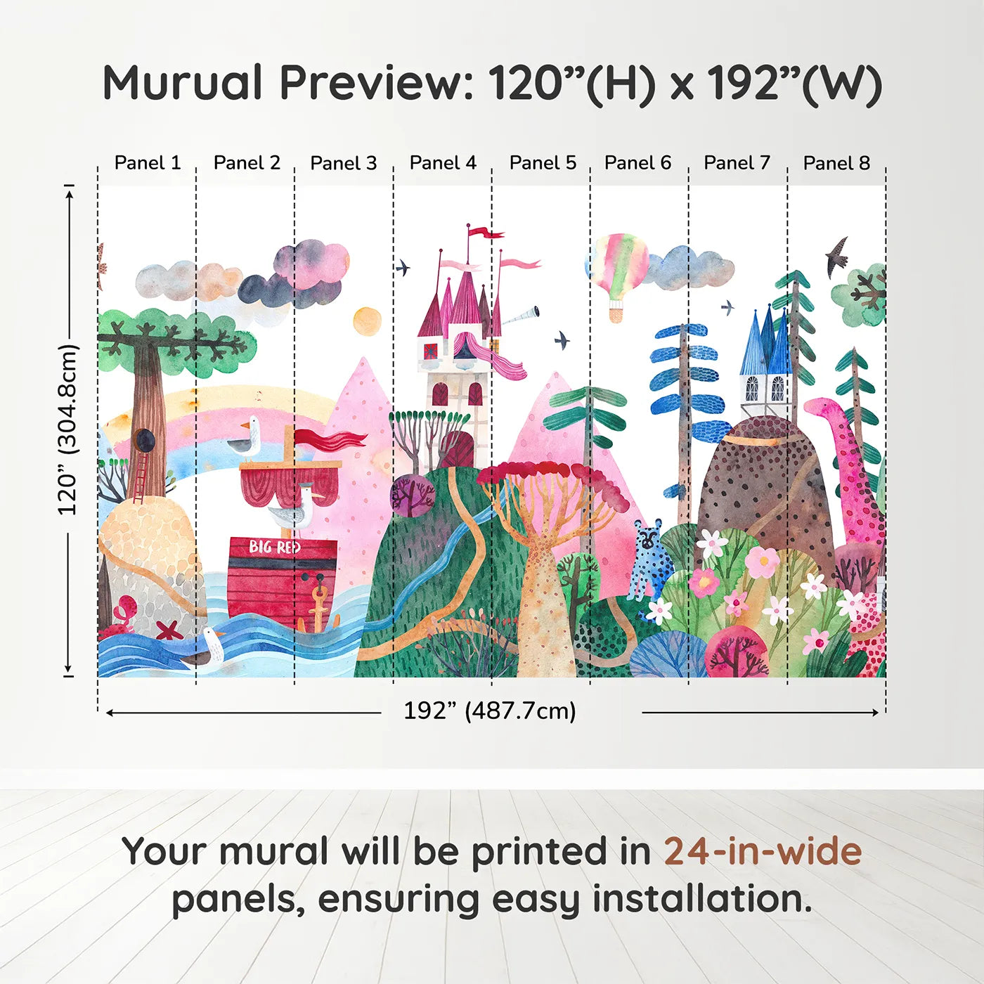 Whimsy Tots Big Red Ship Adventure Wall Muraldimension view (120" H x 192" W). Printed in eight 24-inch-wide panels. Gender-Neutral