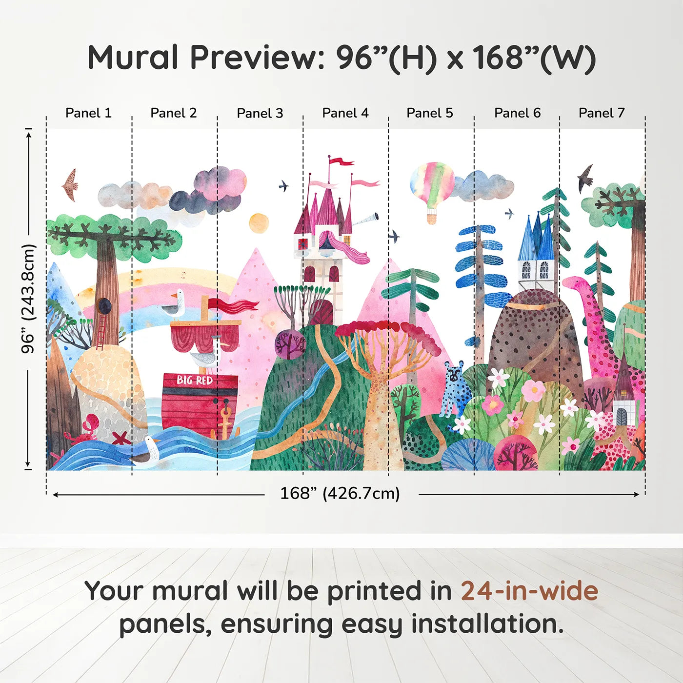 Whimsy Tots Big Red Ship Adventure Wall Muraldimension view (96" H x 168" W). Printed in seven 24-inch-wide panels. Gender-Neutral