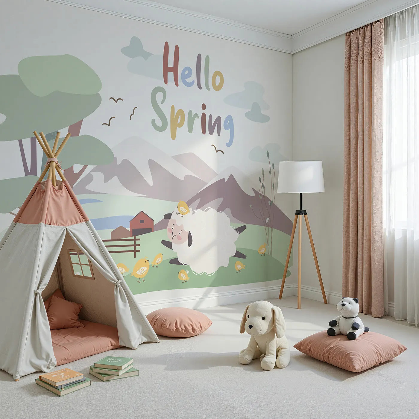 Angled view of Whimsy Tots' Hello Spring Sheep Wall Mural (Turn Their Room into a Cheerful Spring Meadow).Gender-Neutral