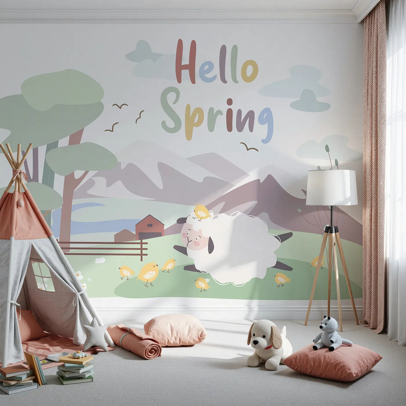 Front view of Whimsy Tots' Hello Spring Sheep Wall Mural