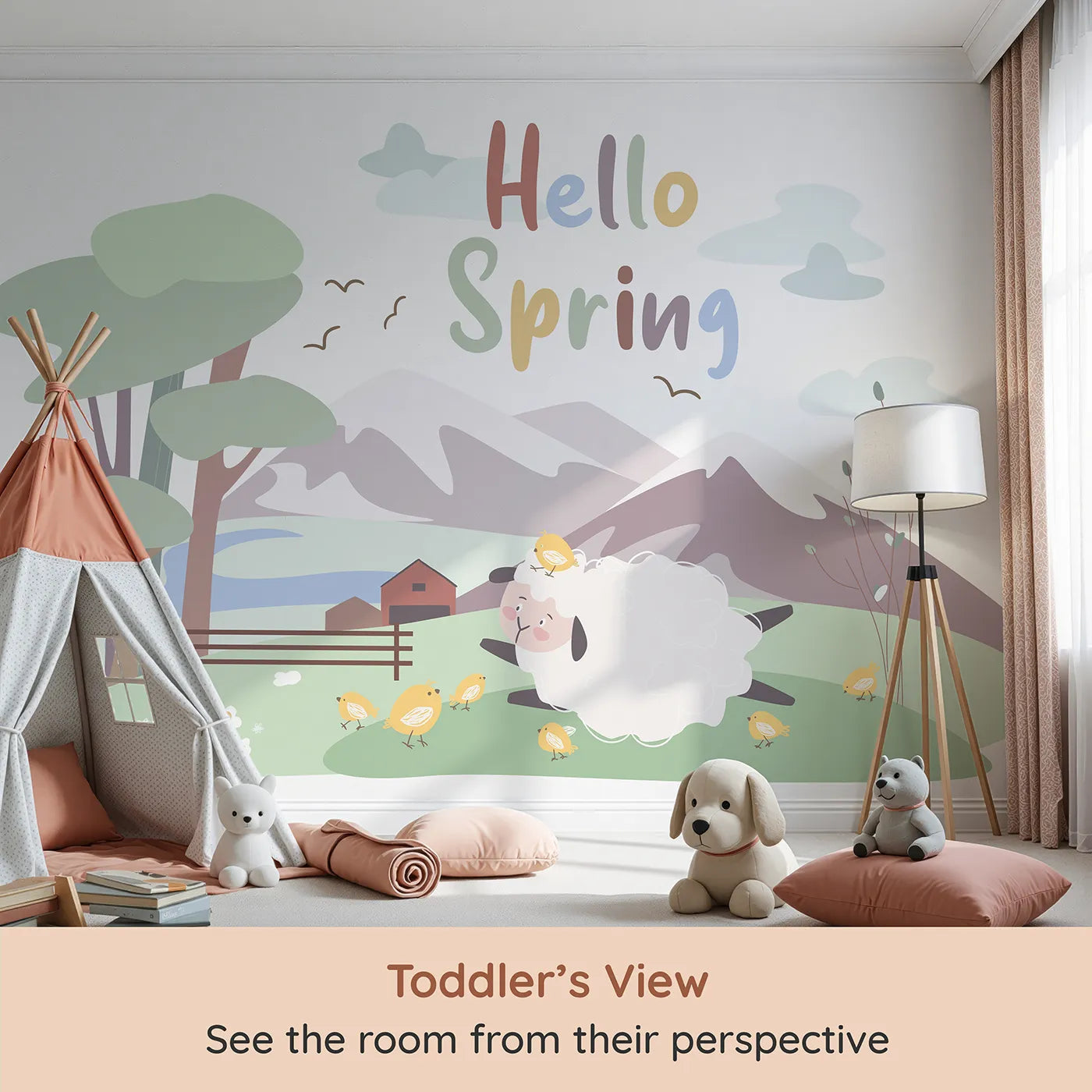 Whimsy Tots Hello Spring Sheep Wall Mural (Turn Their Room into a Cheerful Spring Meadow) from your child's view.Gender-Neutral