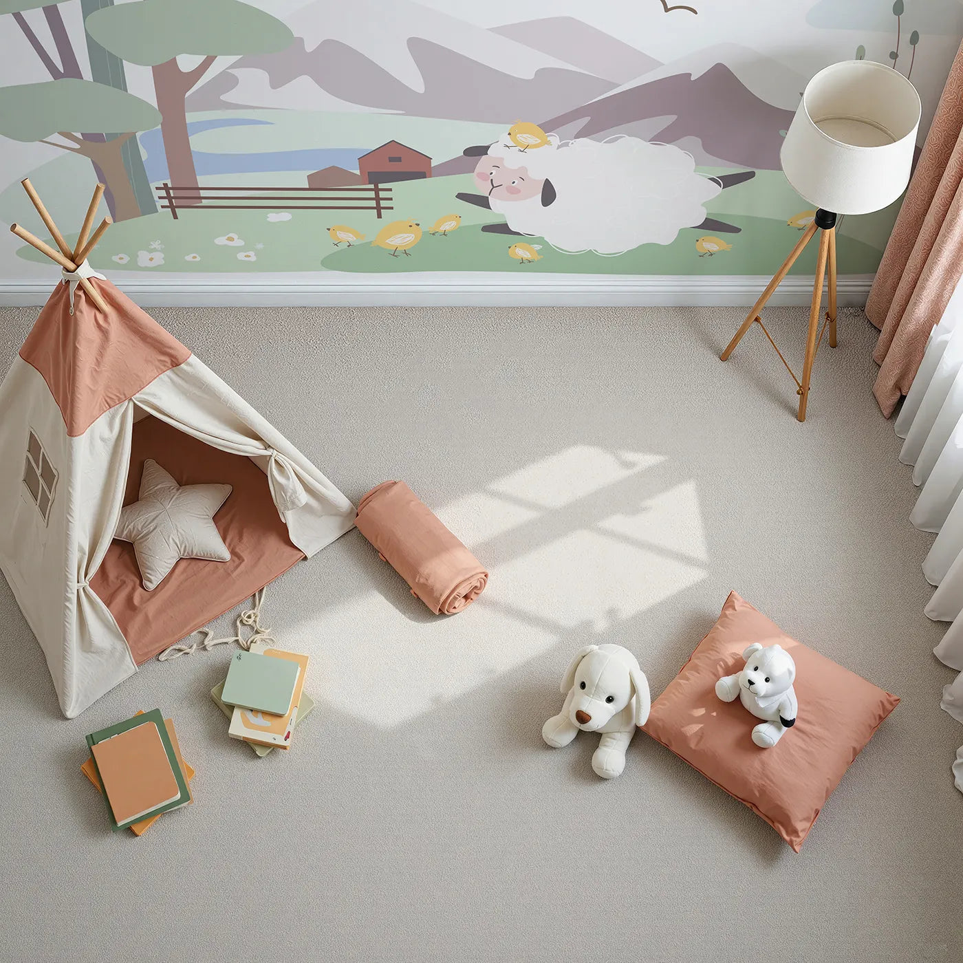 Top-down view of Whimsy Tots' Hello Spring Sheep Wall Mural (Turn Their Room into a Cheerful Spring Meadow).Gender-Neutral