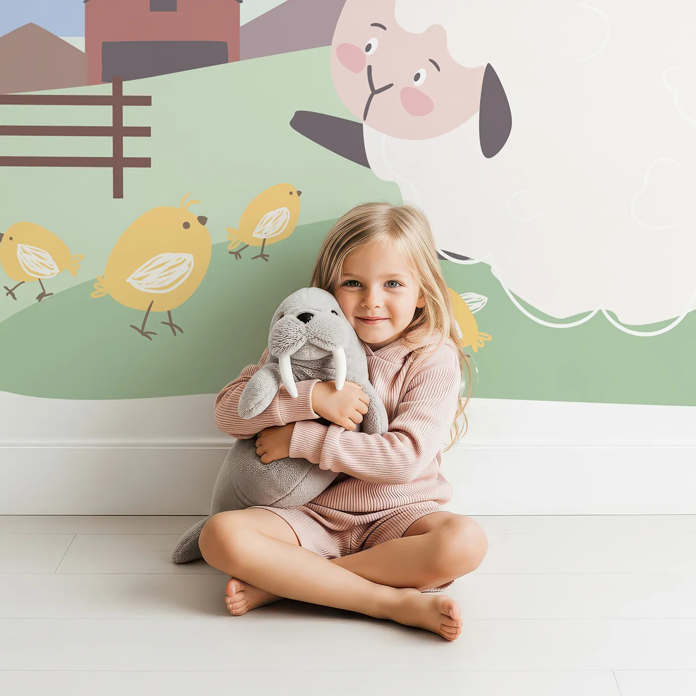 Child in front of Whimsy Tots Hello Spring Sheep Wall Mural with spring, sheep, chick, farm, cute, hello spring, animal, cartoon in design.