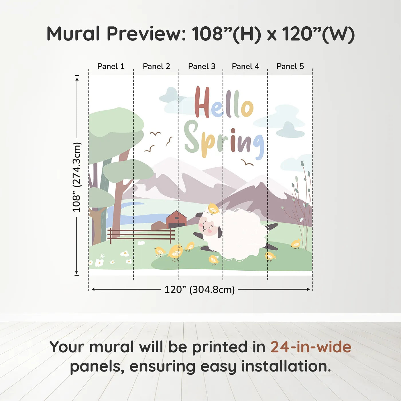 Whimsy Tots Hello Spring Sheep Wall Muraldimension view (108" H x 120" W). Printed in five 24-inch-wide panels. Gender-Neutral