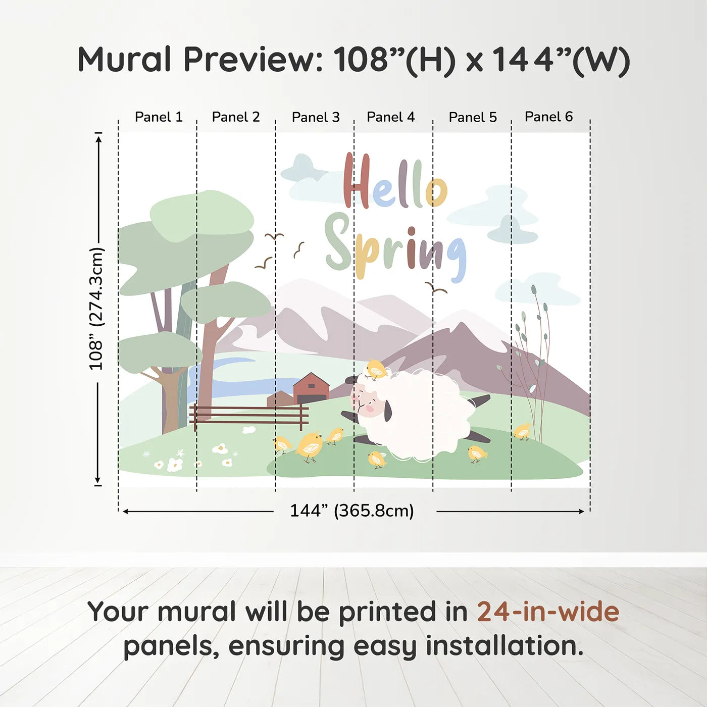 Whimsy Tots Hello Spring Sheep Wall Muraldimension view (108" H x 144" W). Printed in six 24-inch-wide panels. Gender-Neutral