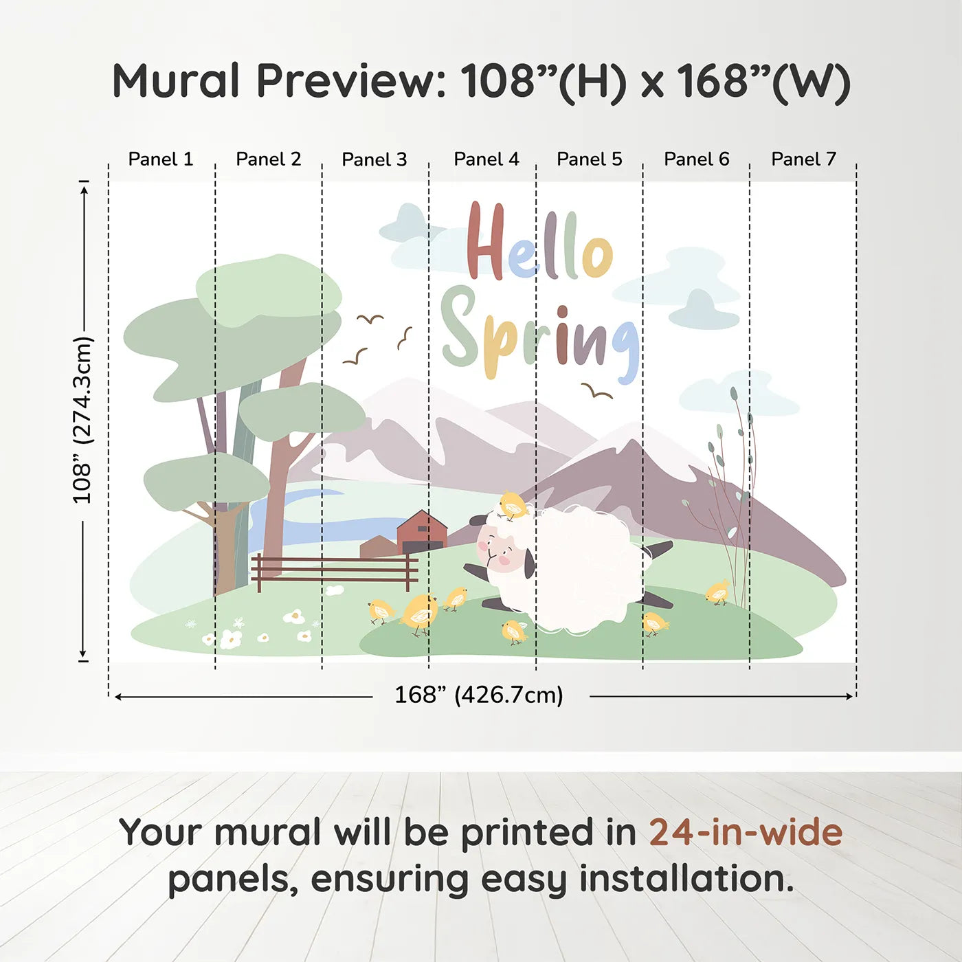 Whimsy Tots Hello Spring Sheep Wall Muraldimension view (108" H x 168" W). Printed in seven 24-inch-wide panels. Gender-Neutral