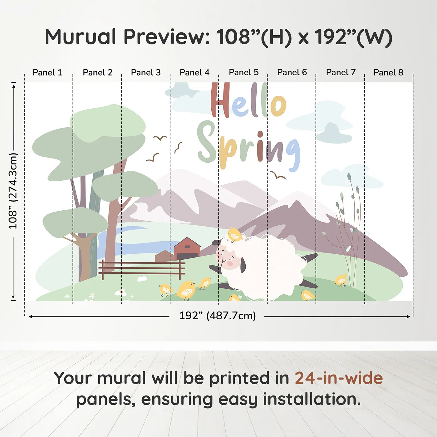 Whimsy Tots Hello Spring Sheep Wall Muraldimension view (108" H x 192" W). Printed in eight 24-inch-wide panels. Gender-Neutral