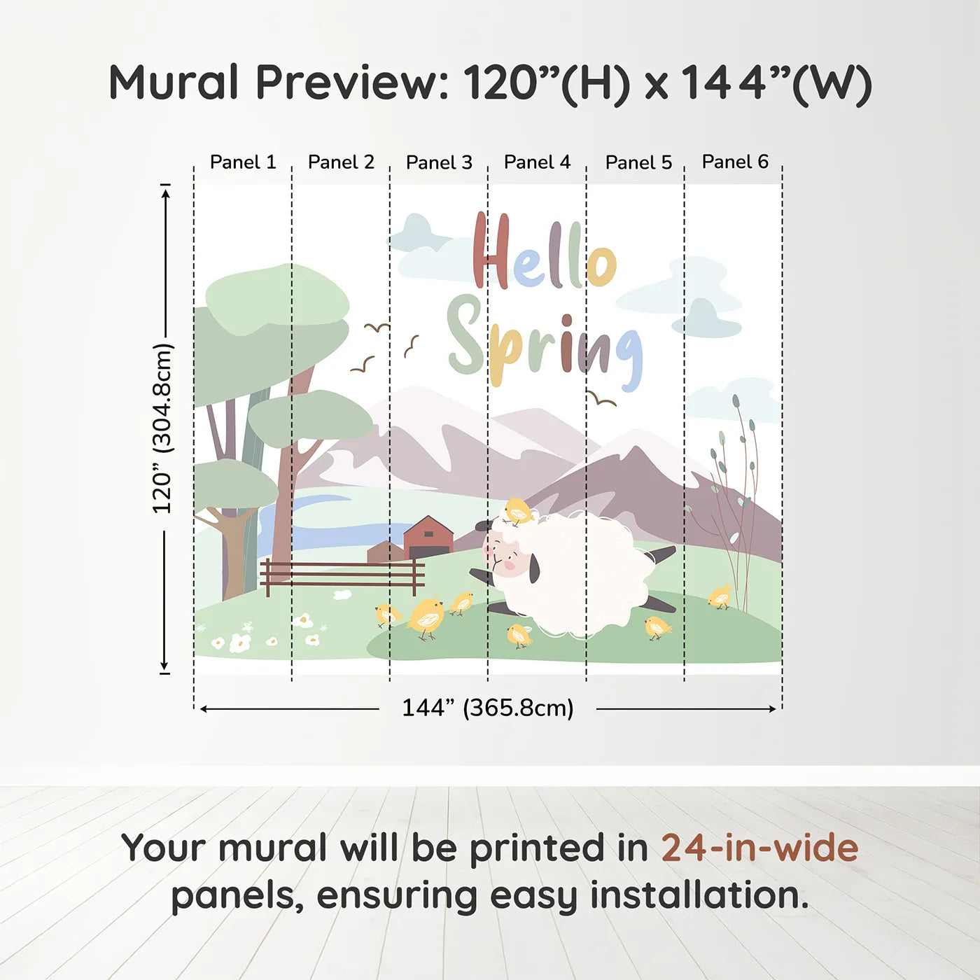 Whimsy Tots Hello Spring Sheep Wall Muraldimension view (120" H x 144" W). Printed in six 24-inch-wide panels. Gender-Neutral