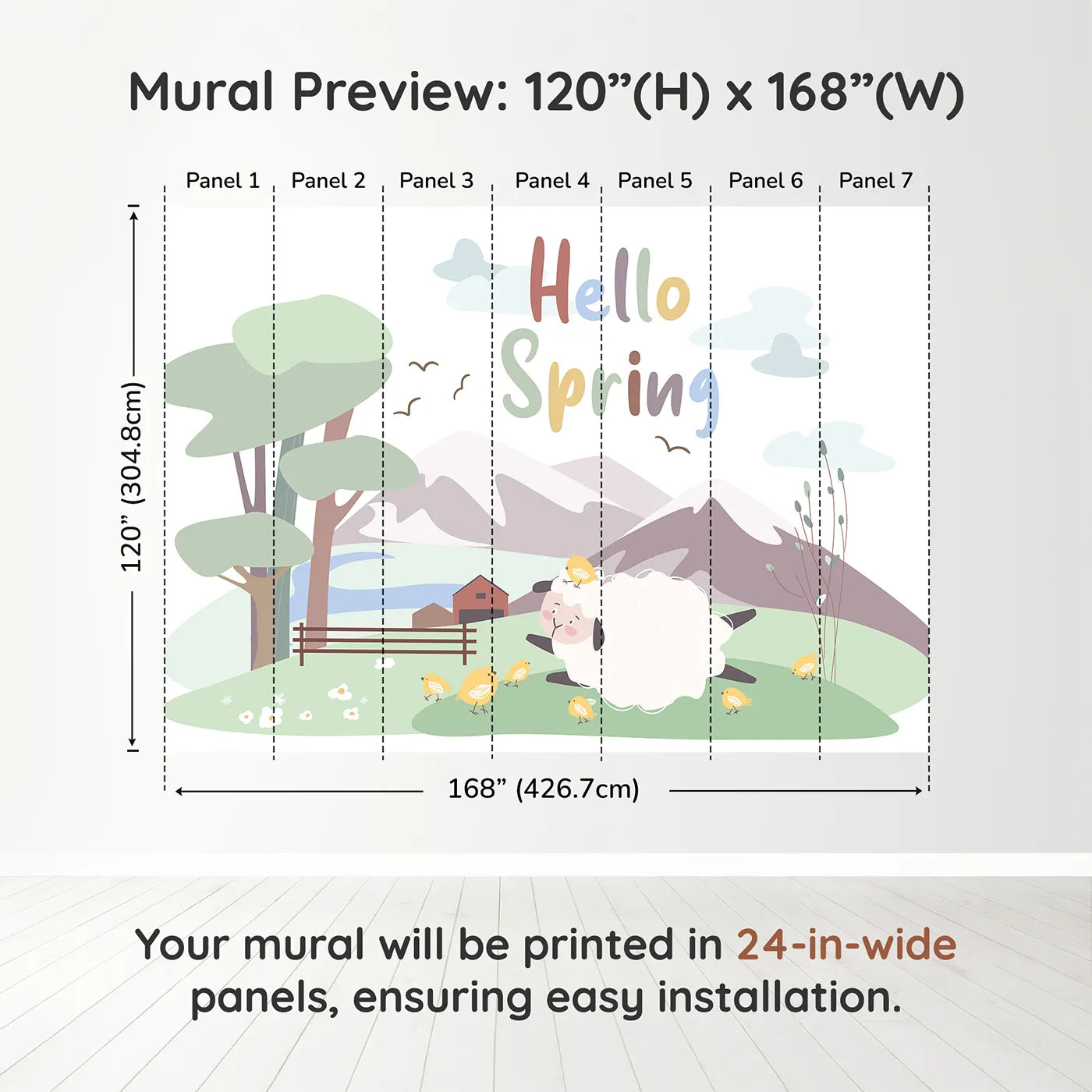 Whimsy Tots Hello Spring Sheep Wall Muraldimension view (120" H x 168" W). Printed in seven 24-inch-wide panels. Gender-Neutral