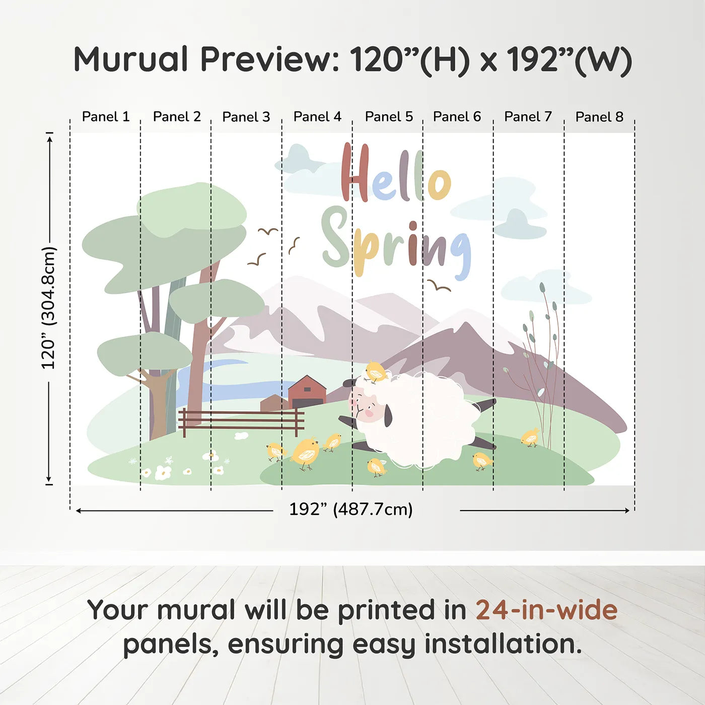 Whimsy Tots Hello Spring Sheep Wall Muraldimension view (120" H x 192" W). Printed in eight 24-inch-wide panels. Gender-Neutral