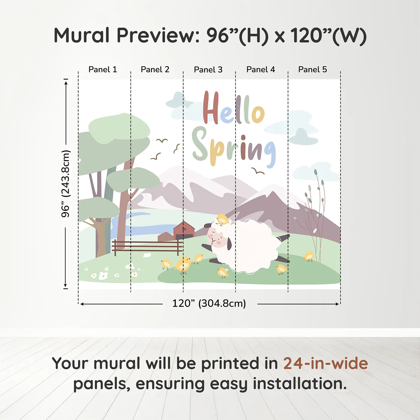 Whimsy Tots Hello Spring Sheep Wall Muraldimension view (96" H x 120" W). Printed in five 24-inch-wide panels. Gender-Neutral