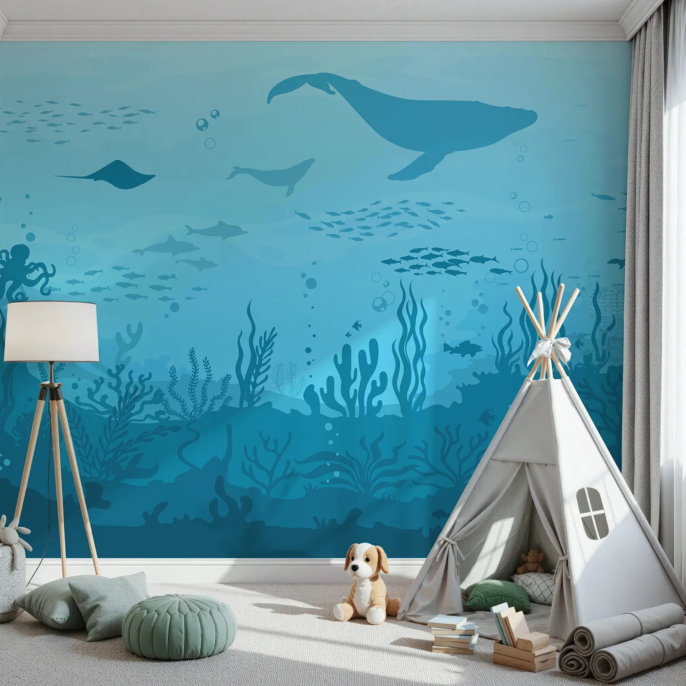 Front view of Whimsy Tots' Deep Sea Kingdom Wall Mural