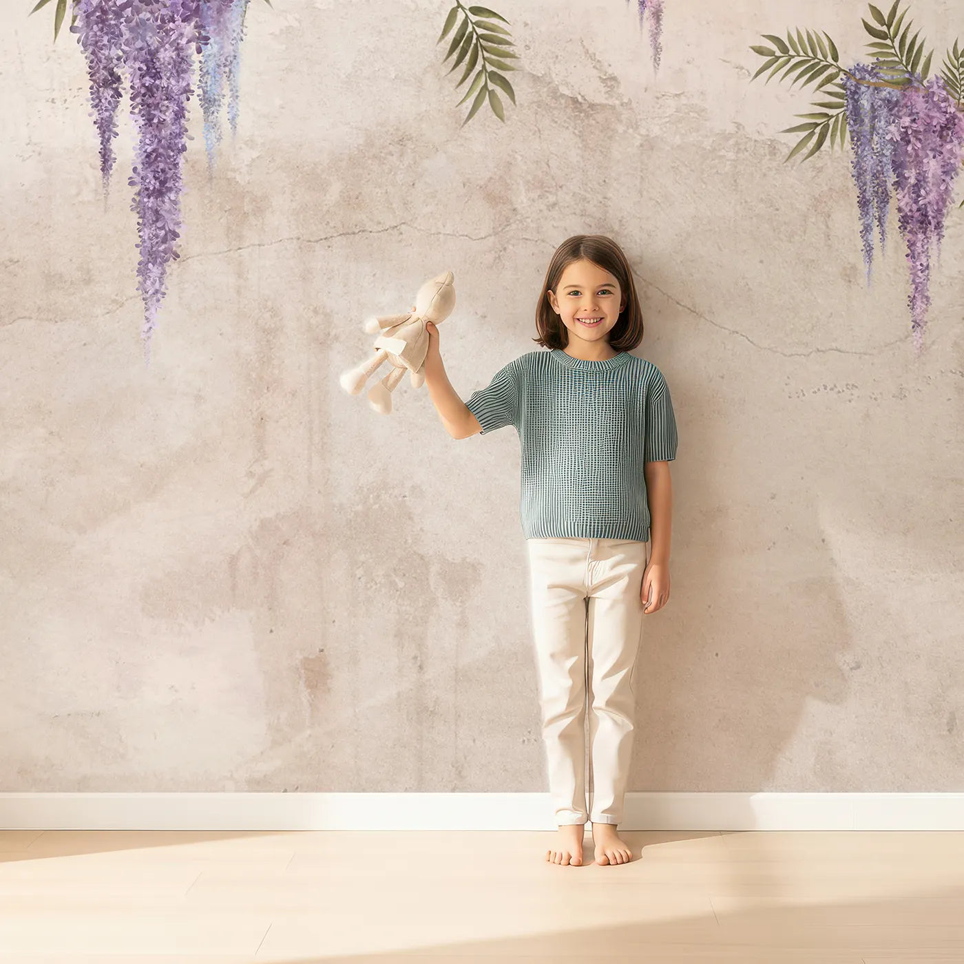 Child in front of Whimsy Tots Hanging Wisteria Wall Mural with wisteria, flower, purple, floral, hanging, vine, romantic, rustic in design.