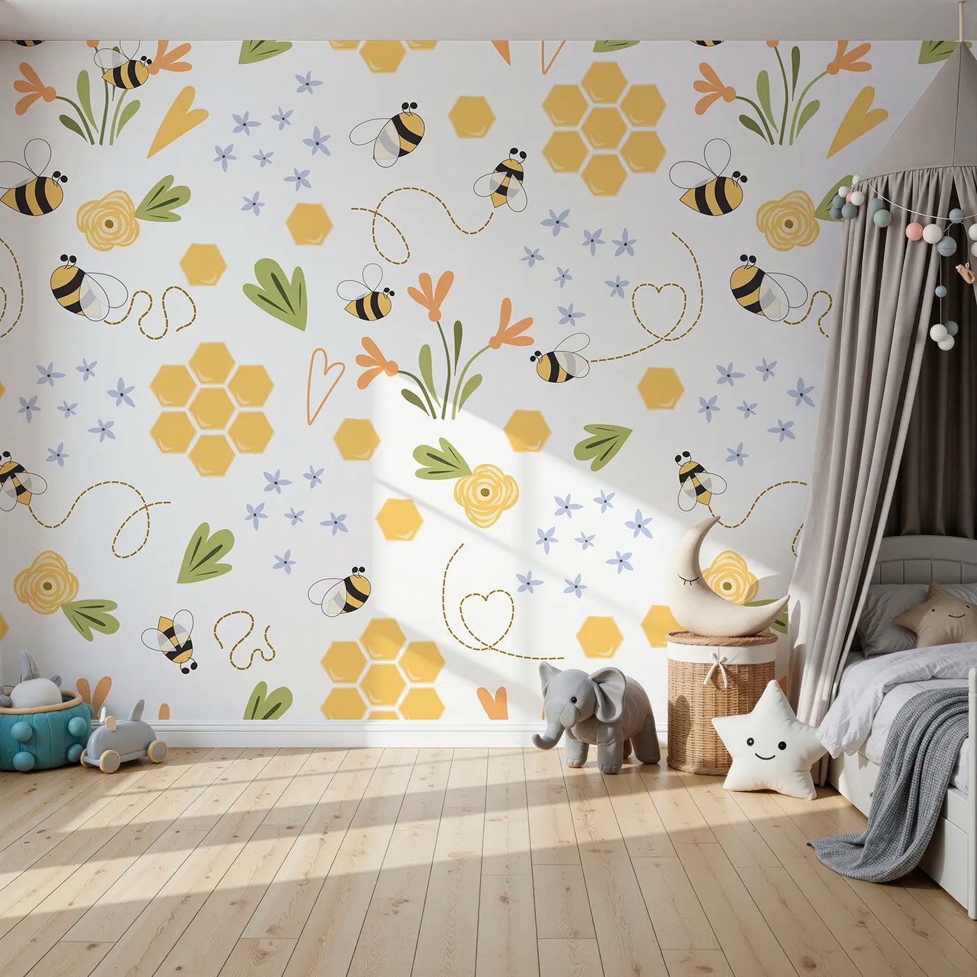 Front view of Whimsy Tots' Happy Bee Garden Wall Mural