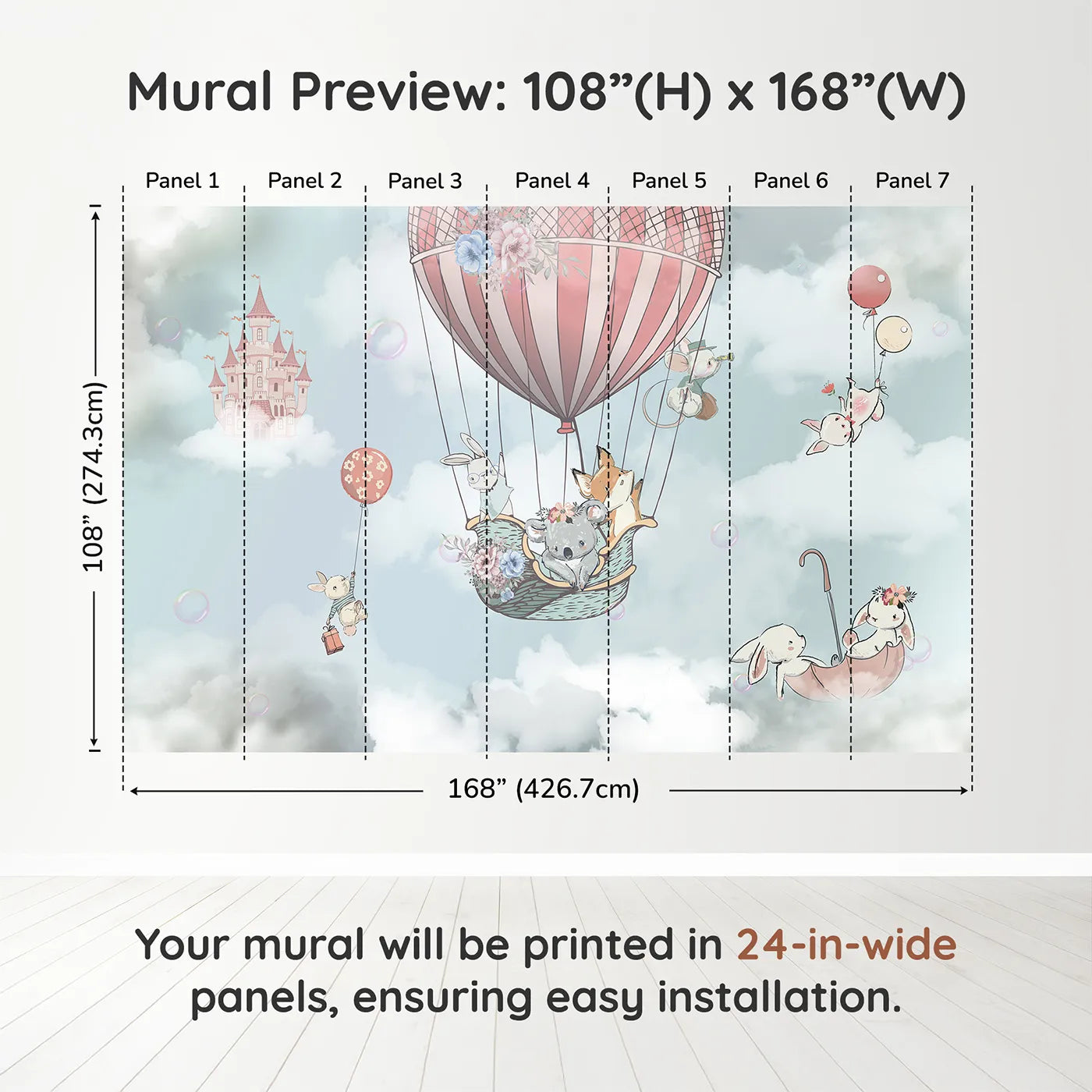 Whimsy Tots Sky High Animal Adventure Wall Muraldimension view (108" H x 168" W). Printed in seven 24-inch-wide panels. Best for Girls