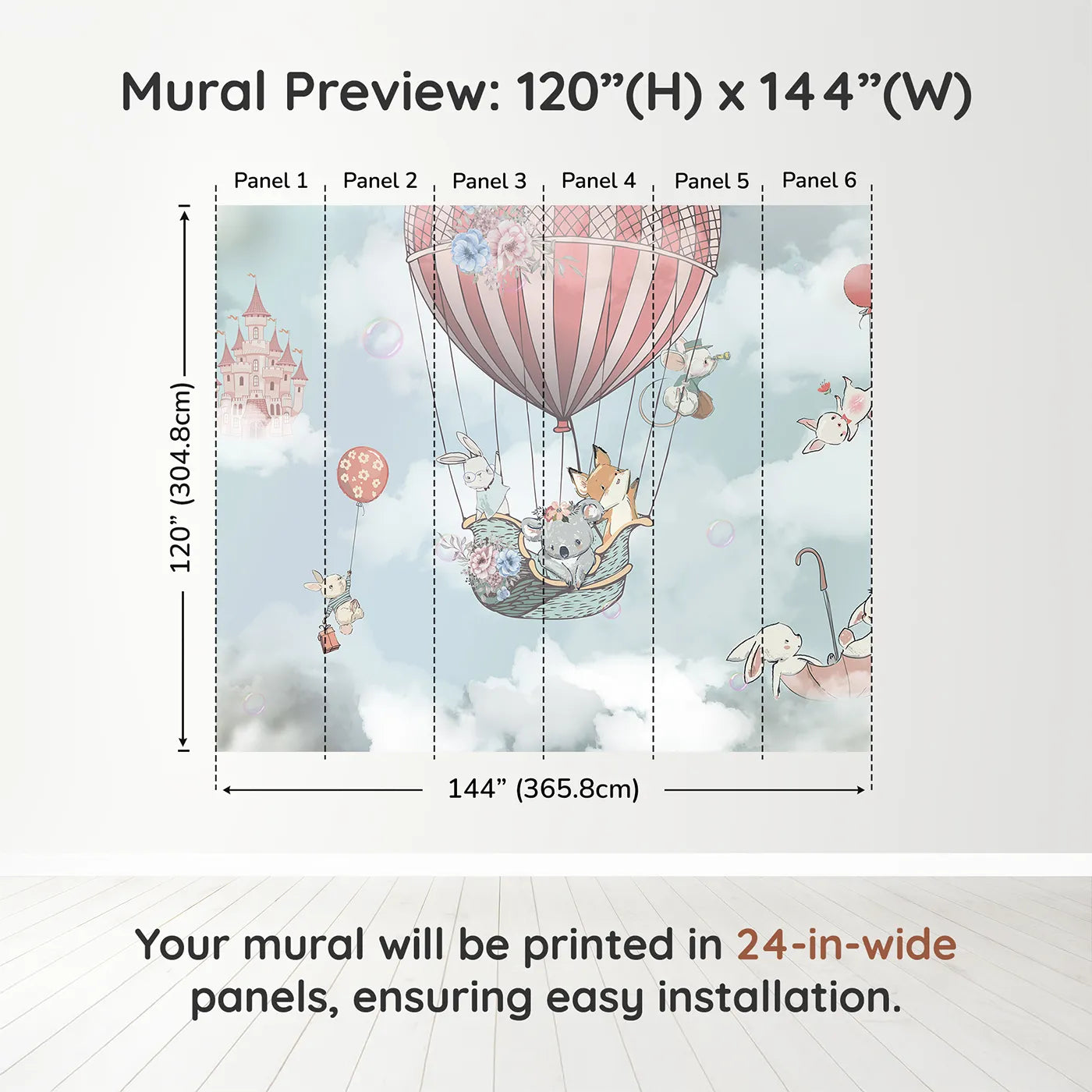 Whimsy Tots Sky High Animal Adventure Wall Muraldimension view (120" H x 144" W). Printed in six 24-inch-wide panels. Best for Girls