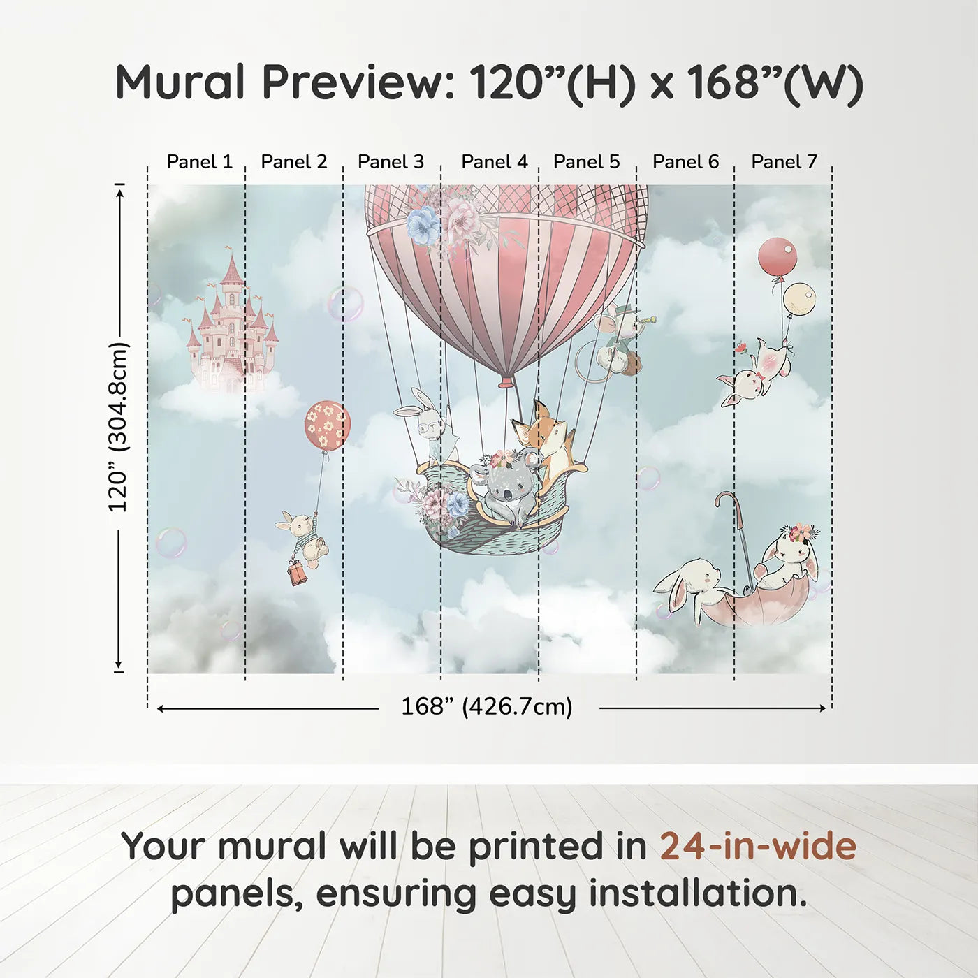 Whimsy Tots Sky High Animal Adventure Wall Muraldimension view (120" H x 168" W). Printed in seven 24-inch-wide panels. Best for Girls