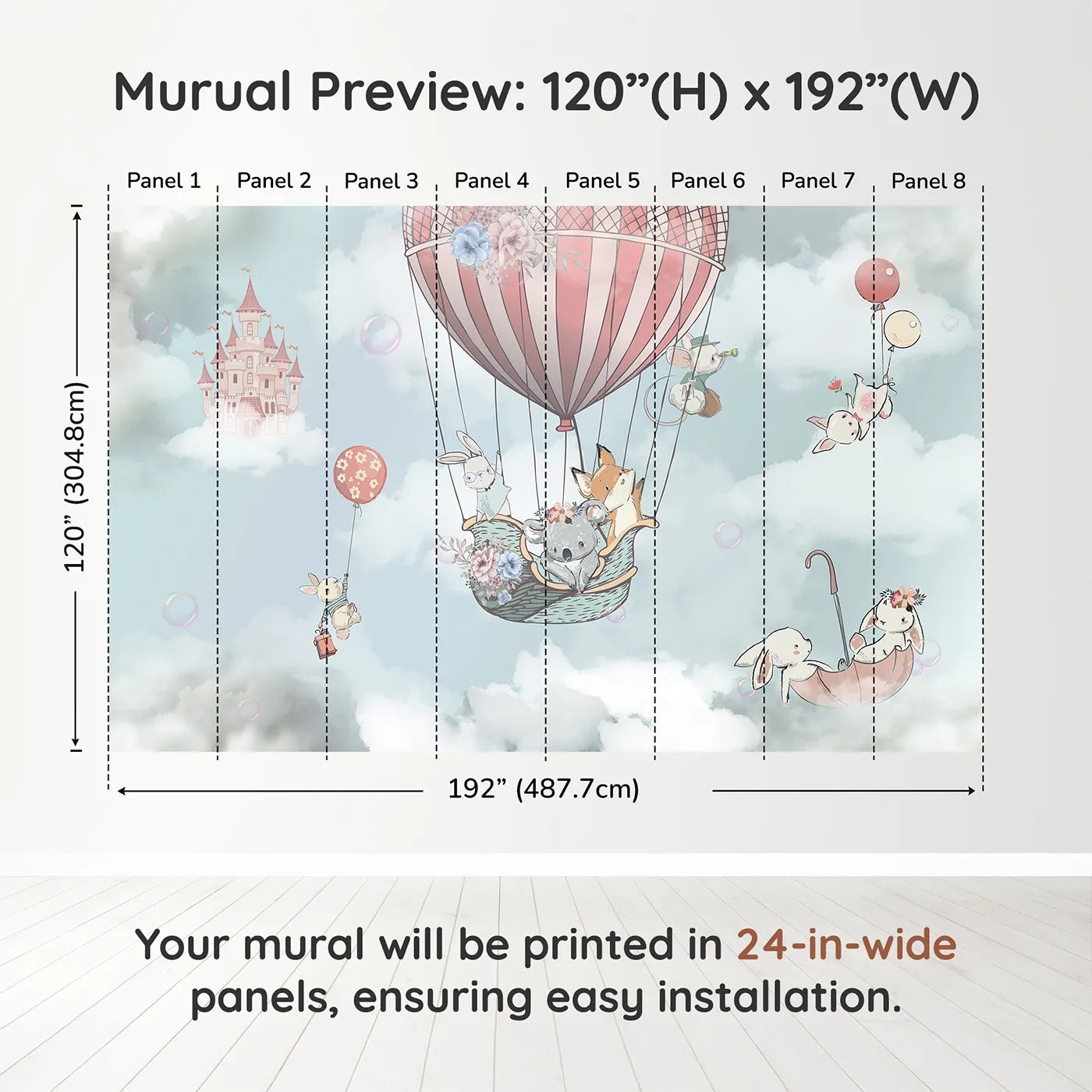 Whimsy Tots Sky High Animal Adventure Wall Muraldimension view (120" H x 192" W). Printed in eight 24-inch-wide panels. Best for Girls