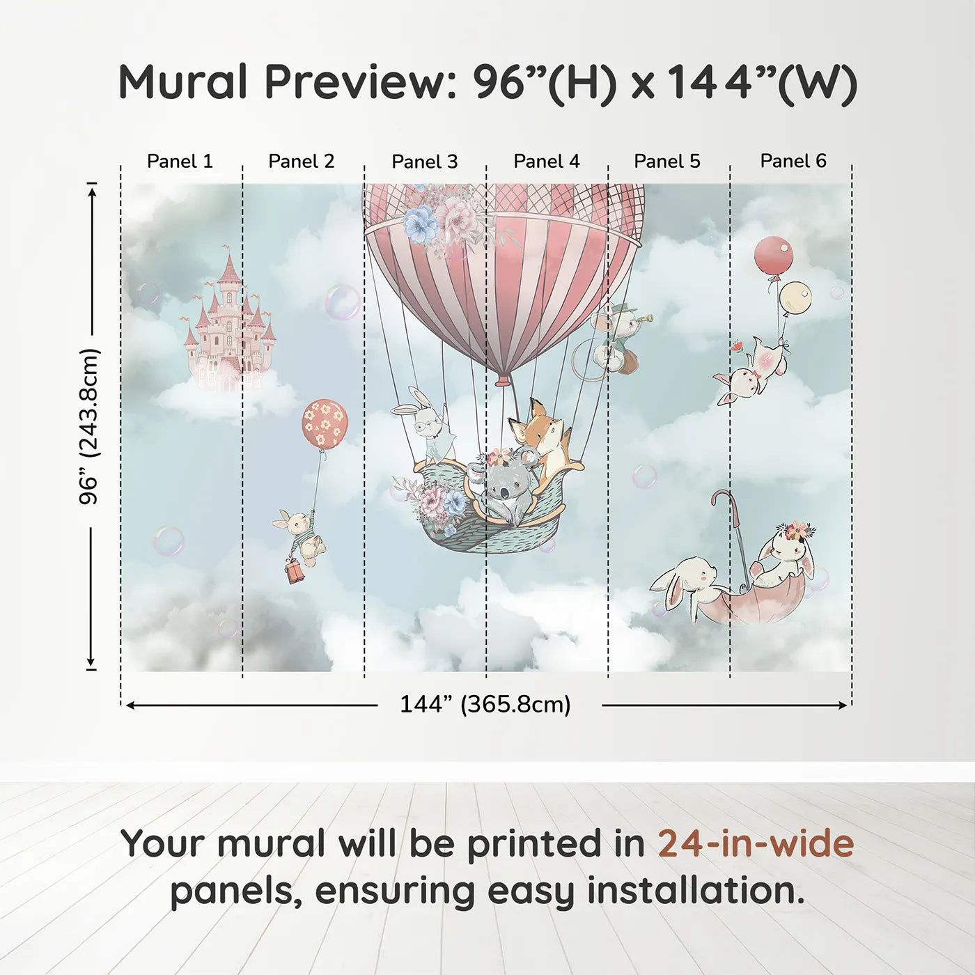 Whimsy Tots Sky High Animal Adventure Wall Muraldimension view (96" H x 144" W). Printed in six 24-inch-wide panels. Best for Girls